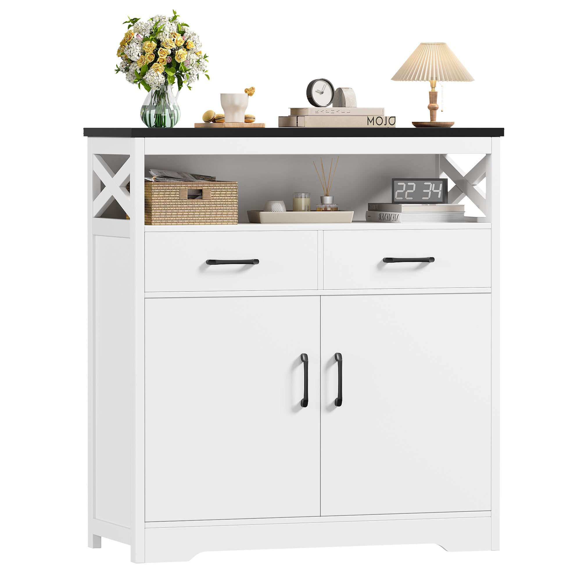 Hiphuta Modern Farmhouse Buffet Sideboard, Wood Cabinet with Shelves, Doors & 2 Drawers, Coffee Bar, Floor Cabinet Cupboard for Living Room, White