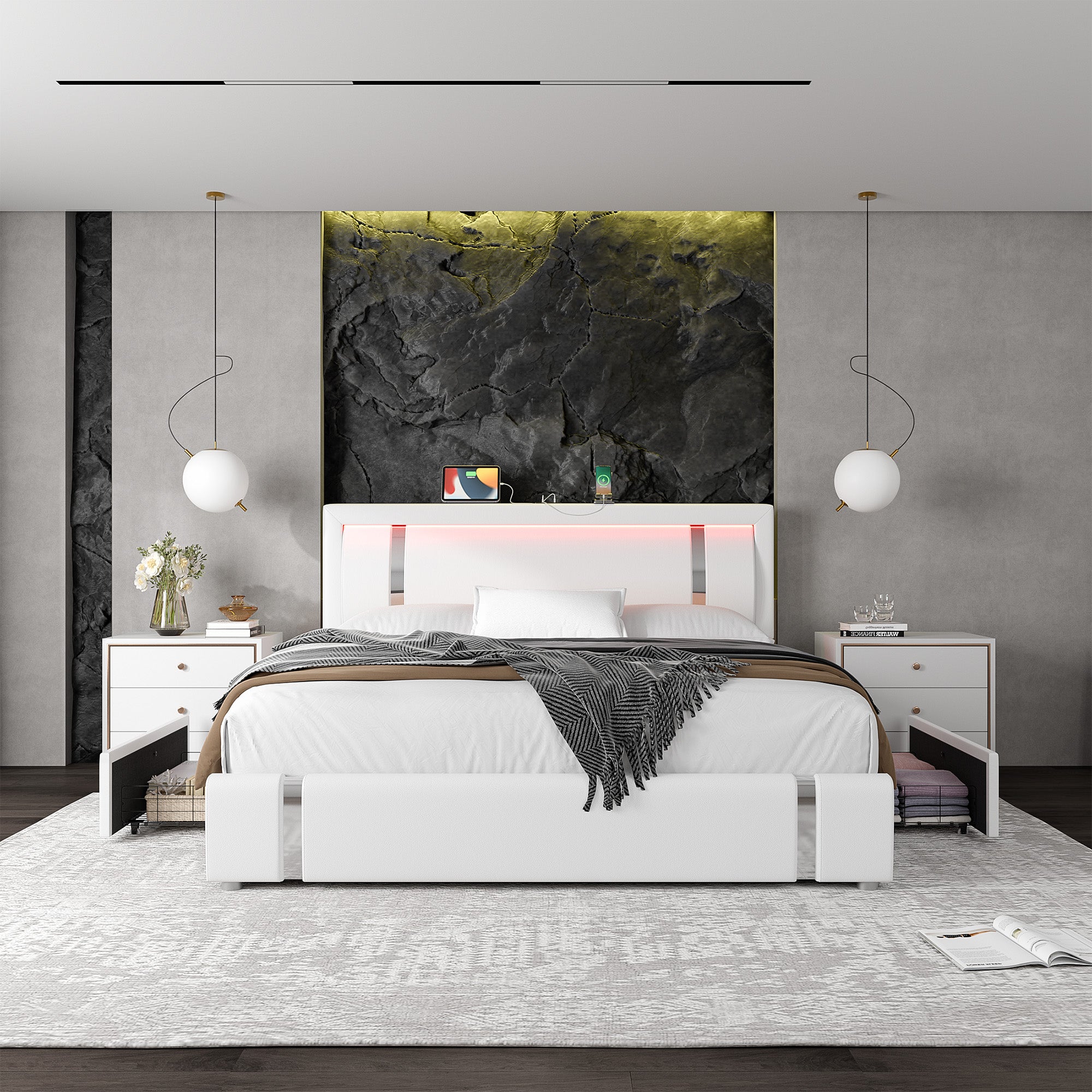 Hiphuta Queen Bed Frame with Adjustable Headboard & LED lights, Modern Upholstered Faux Leather Smart Platform with USB Charging Ports & 2 Drawers, White