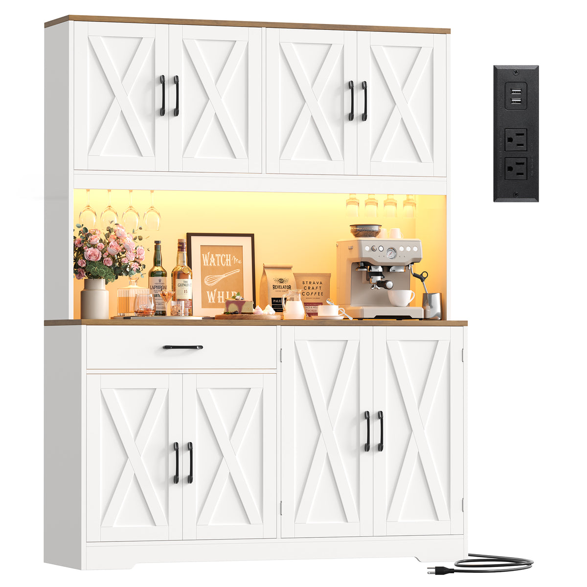 Hiphuta Large Kitchen Pantry Storage Cabinet with 8 Doors, Farmhouse Hutch Cabinet with RGB LED and Cup holders, White
