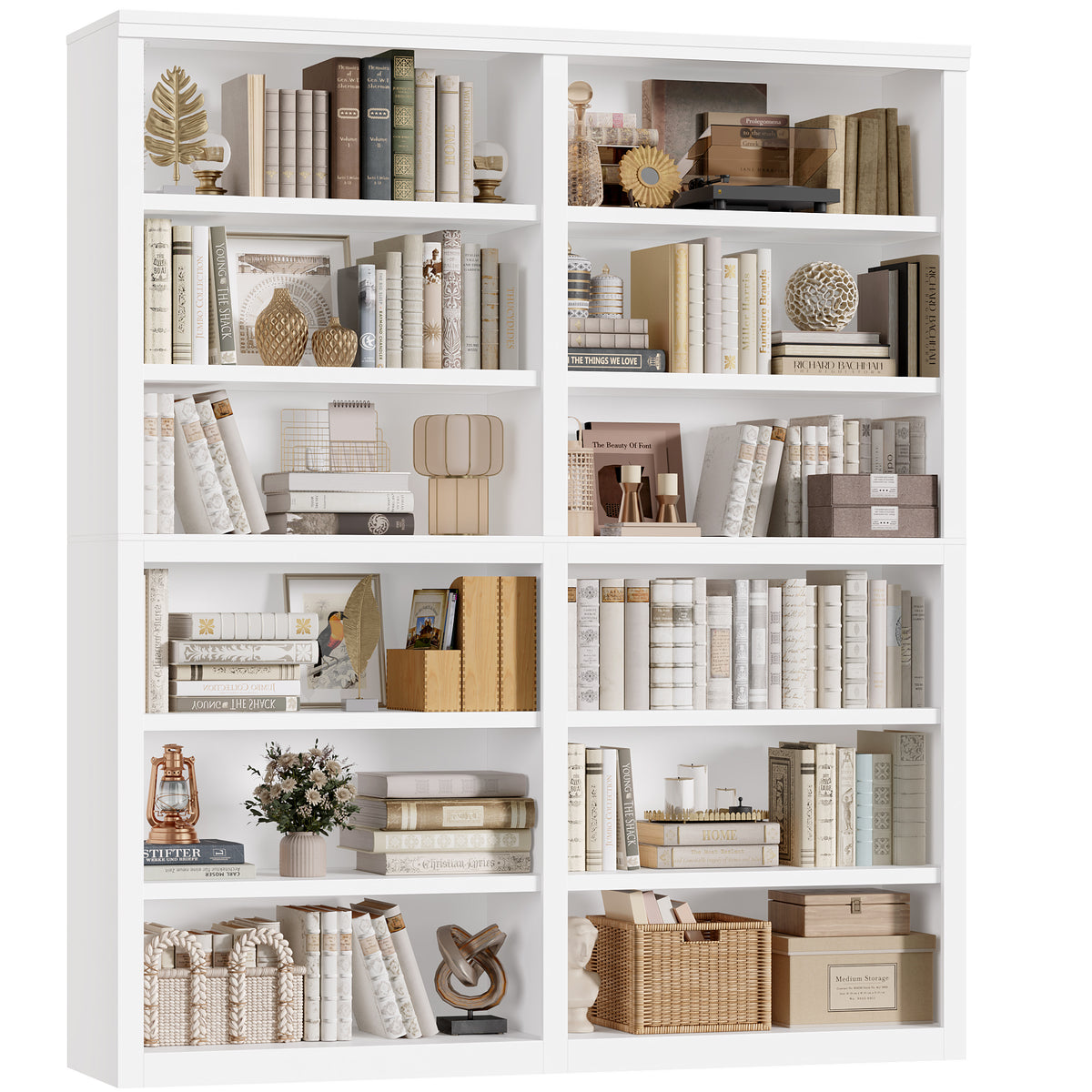 Hiphuta 63"W Extra Large and Sturdy Bookcase, Double Wide 6-Tier Bookshelf, For Home Office and Living Room, Wooden Freestanding Display Shelf, White