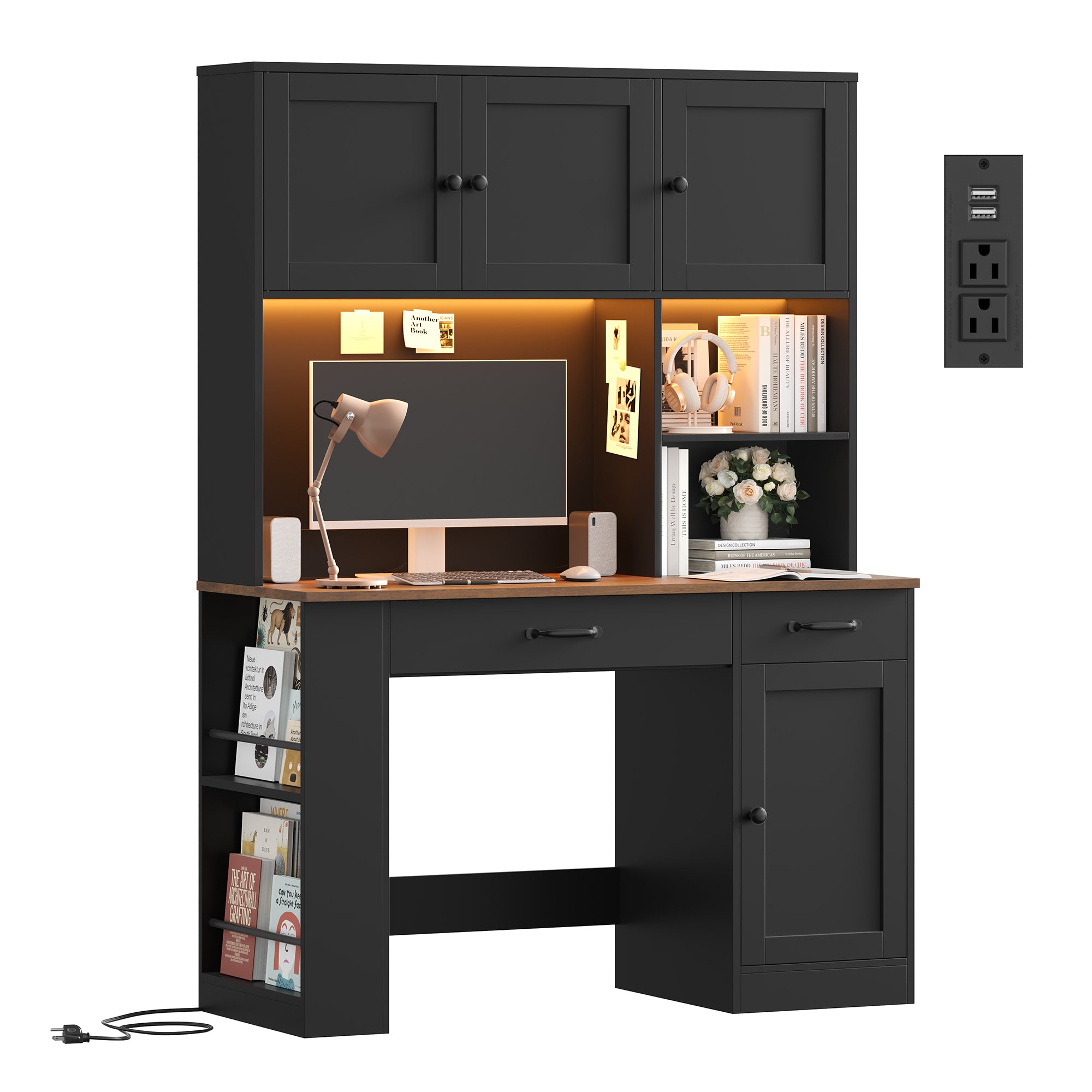 Hiphuta Executive Desk with Hutch & Power Outlets, Wood Writing Study Table with Adjustable Shelves, Home Office Computer Desk with Drawers, Black