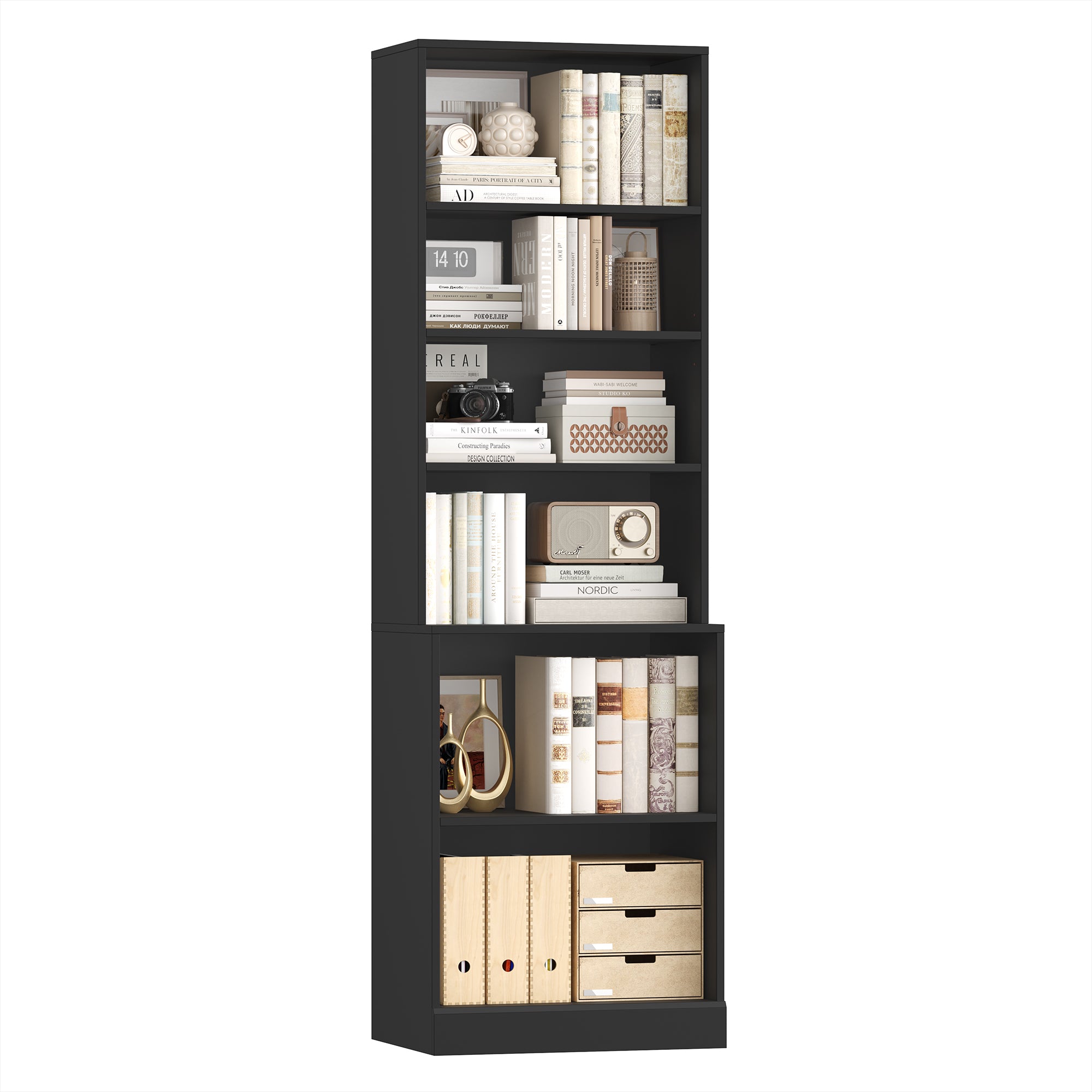 Hiphuta 73 in Tall 6-Tier Bookcase, 22" Wide Bookcase with Adjustable Shelf, Modern Minimalist Bookshelf for Home Office, Living Room, Black