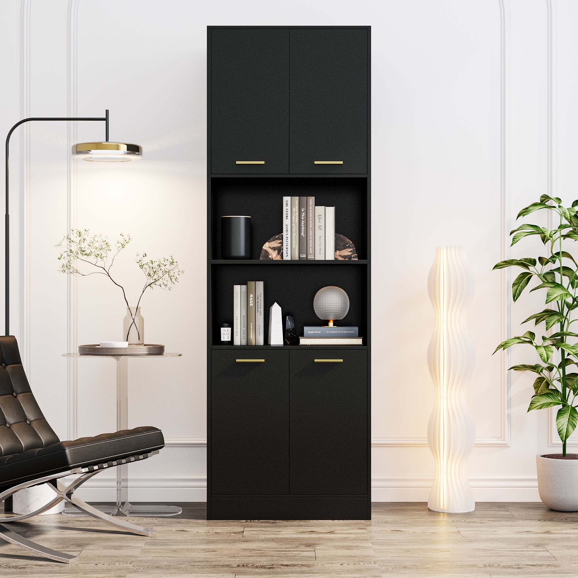 Hiphuta 71"H Tall Bookcase Storage with Doors, Free Standing Display Bookshelves with 2 Adjustable Shelves, Black