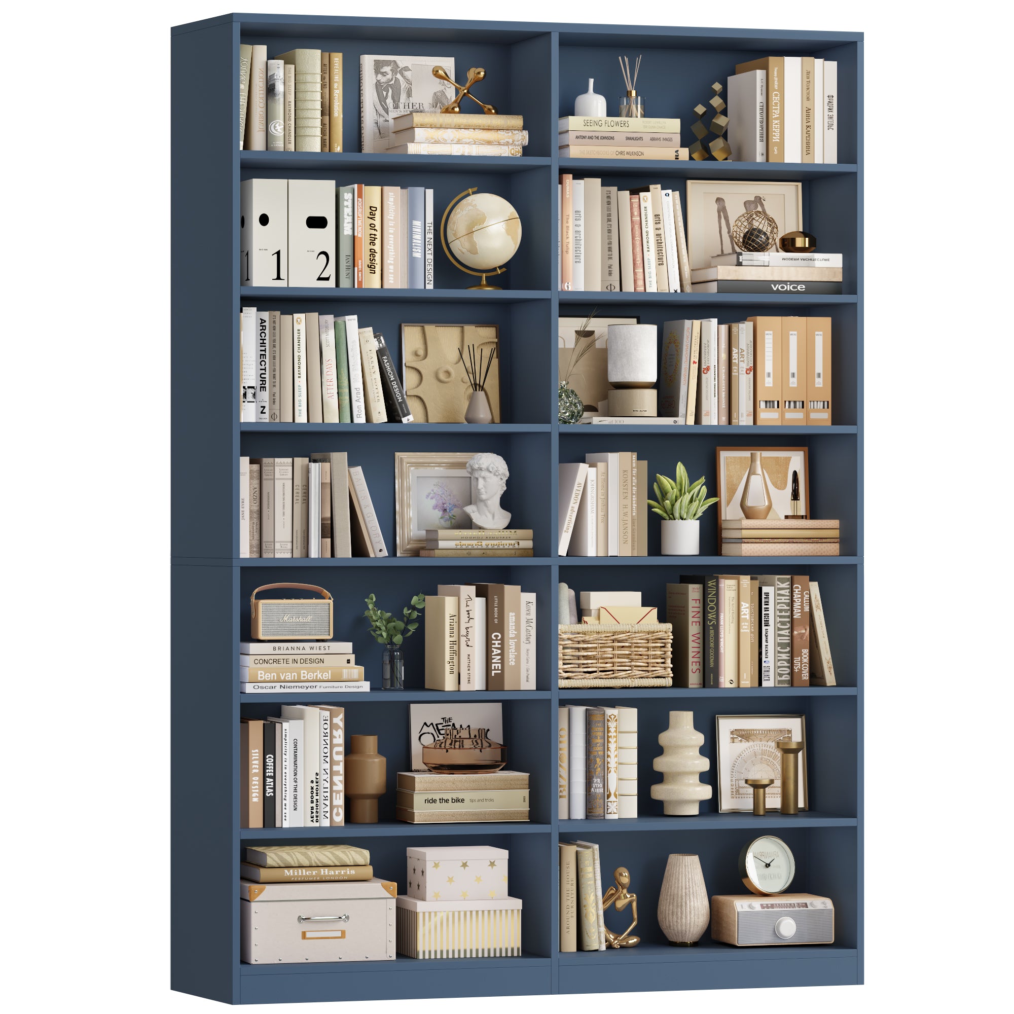 Hiphuta 84"H Wooden Double 7-Tier Tall Bookcase, Standard Bookcase for Living Room and Office, Freestanding Display Storage Shelves, Blue