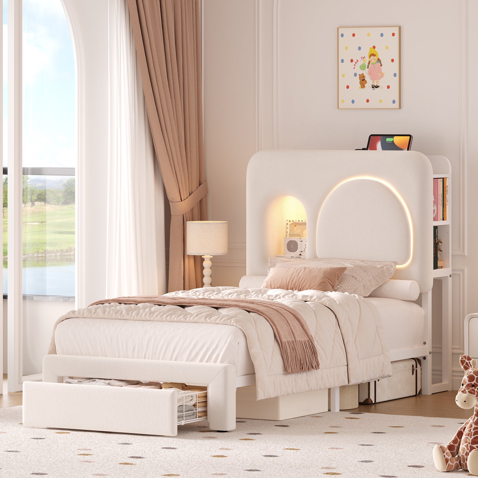 Hiphuta Twin Size Bed Frame with RGB LED and Power Outlets, Velvet Upholstered Platform Bed with Drawer and Side Storage, White