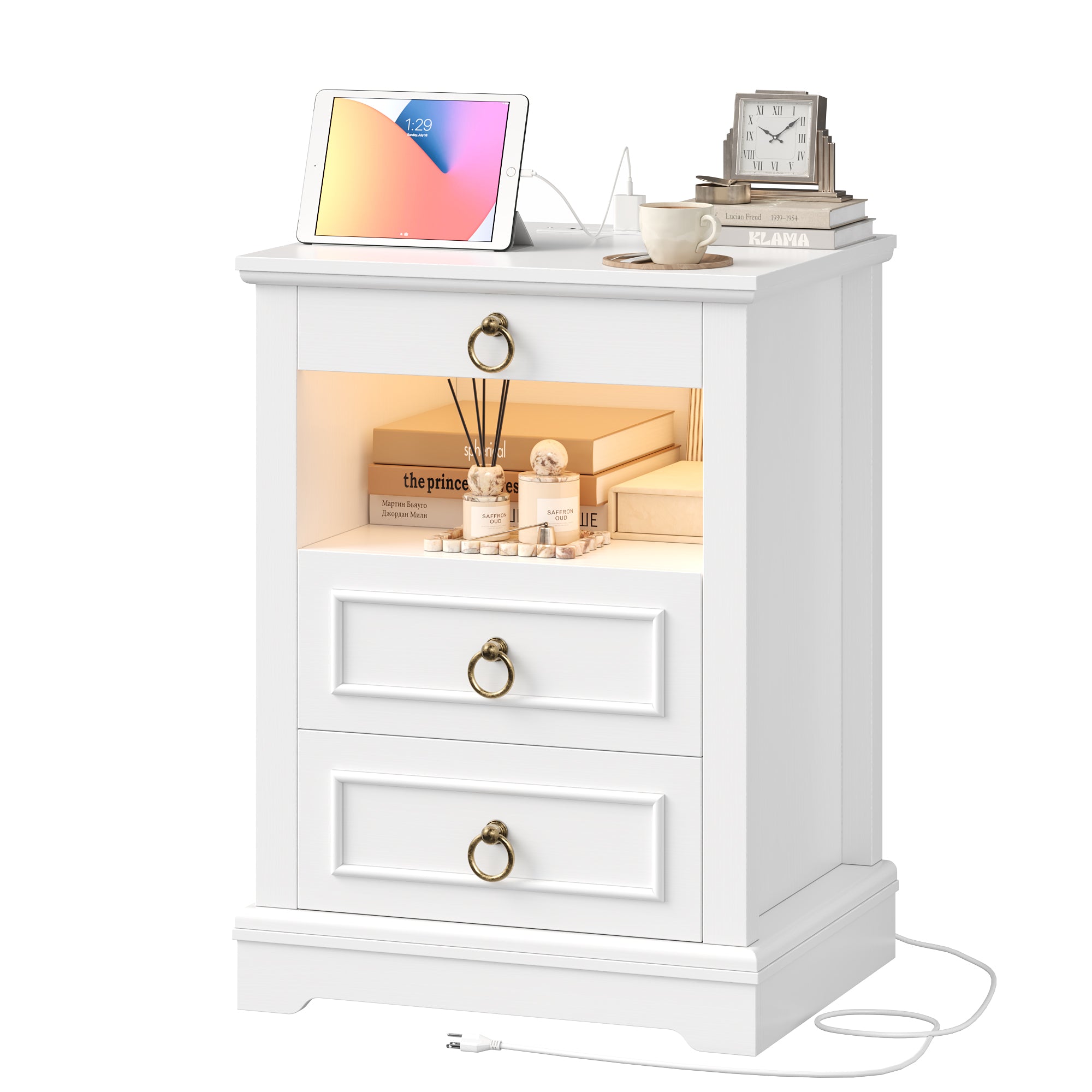 Hiphuta 18.5” Wide Farmhouse Nightstand with Charging Station, Wood Night Stands End Table with 3 Drawers for Small Spaces, LED Bedside Table for Bedroom Living Room, White