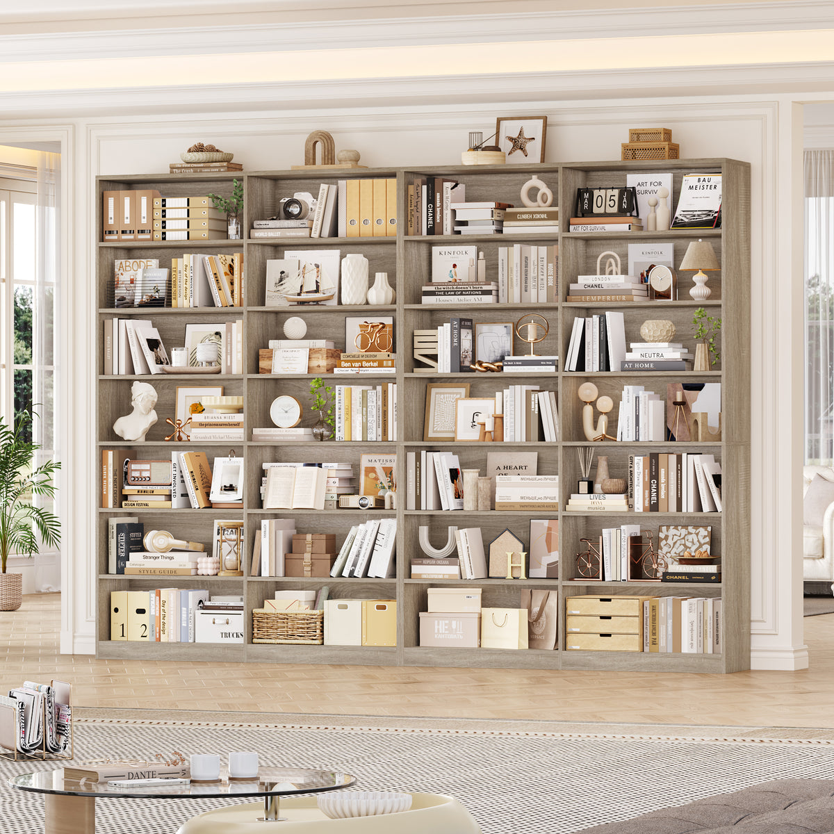 Hiphuta 83.6"H x 47.2"W Wood Double 7-Tier Standard Bookcase, Tall Bookcase for Bedroom, Living Room and Office, Freestanding Display Storage Shelves, Light Oak