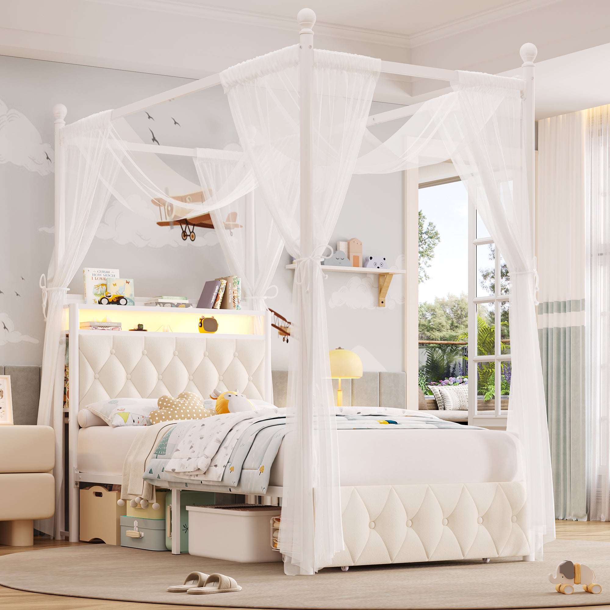 Hiphuta Twin Size Upholstered Princess Canopy Bed with Charging Station & Storage Drawer, LED Platform Bed with 4 Removable Posts, Twin Bed for Kids, Curtain Not Included, Beige