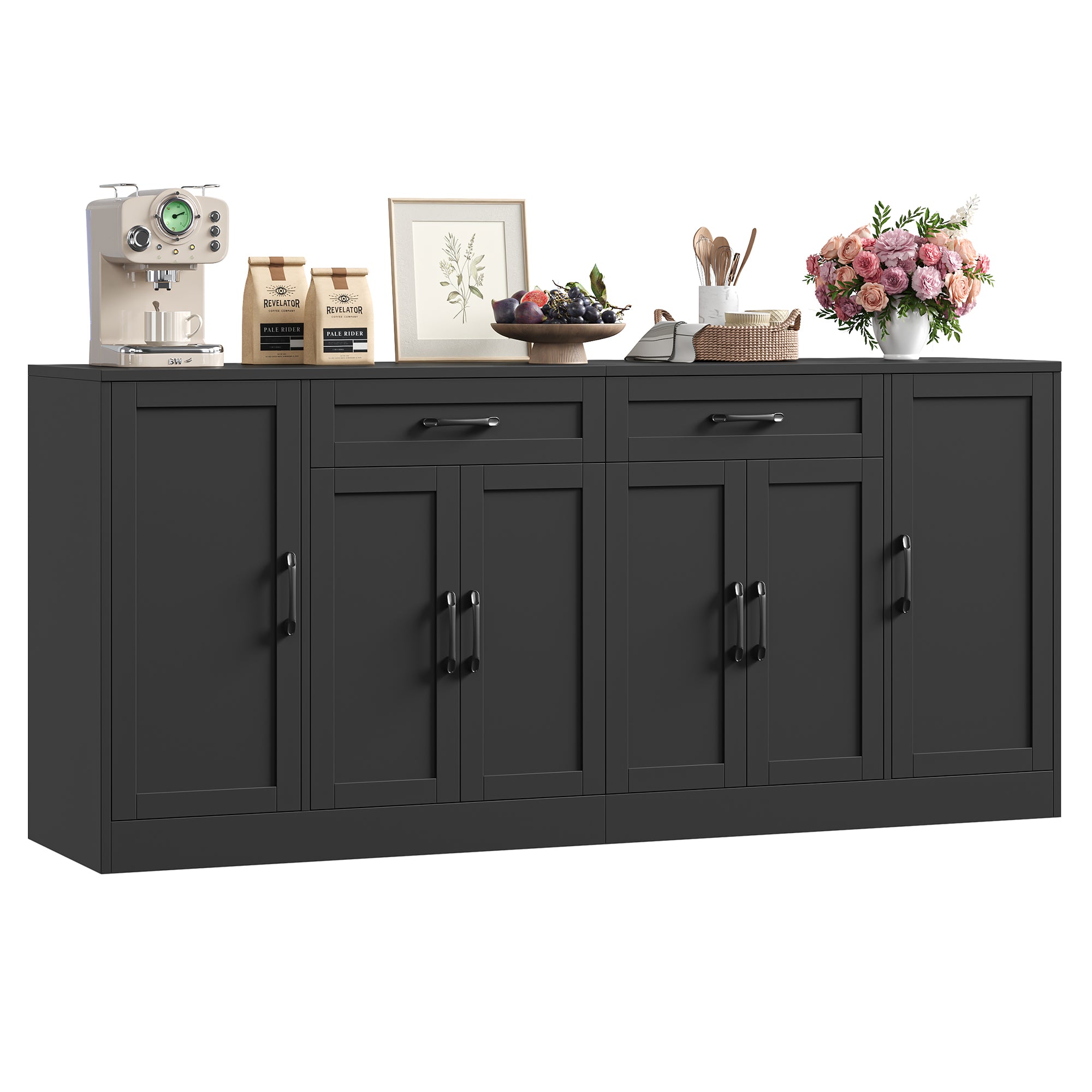 Hiphuta 70.8"W Large Buffet Cabinet with Storage, Modern Farmhouse Sideboard with 6 Doors, Coffee Bar for Kitchen Dining Room Living Room, Black