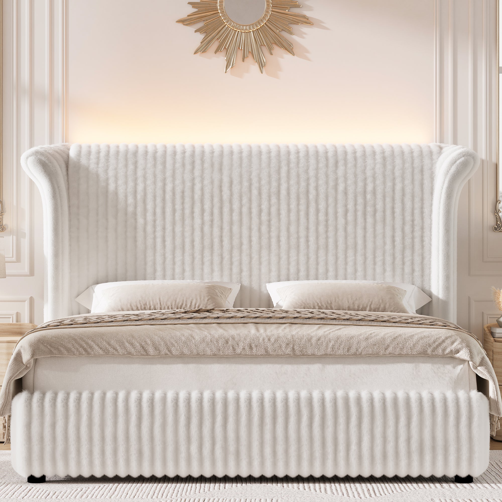 Hiphuta Modern King Size Corduroy Upholstered Bed Frame, LED Platform Bed Frame with 55"H Vertical Stripe Tufted Corduroy Velvet Wingback Headboard, White
