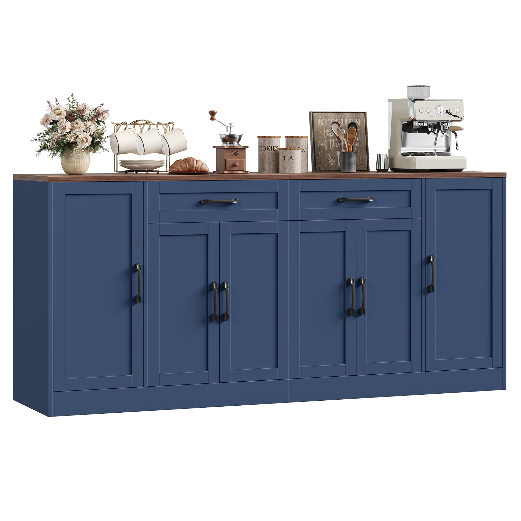Hiphuta 70.8"W Large Buffet Cabinet with 6 Doors, Modern Farmhouse Sideboard with 2 Drawers, Coffee Bar for Kitchen Dining Room Living Room, Blue