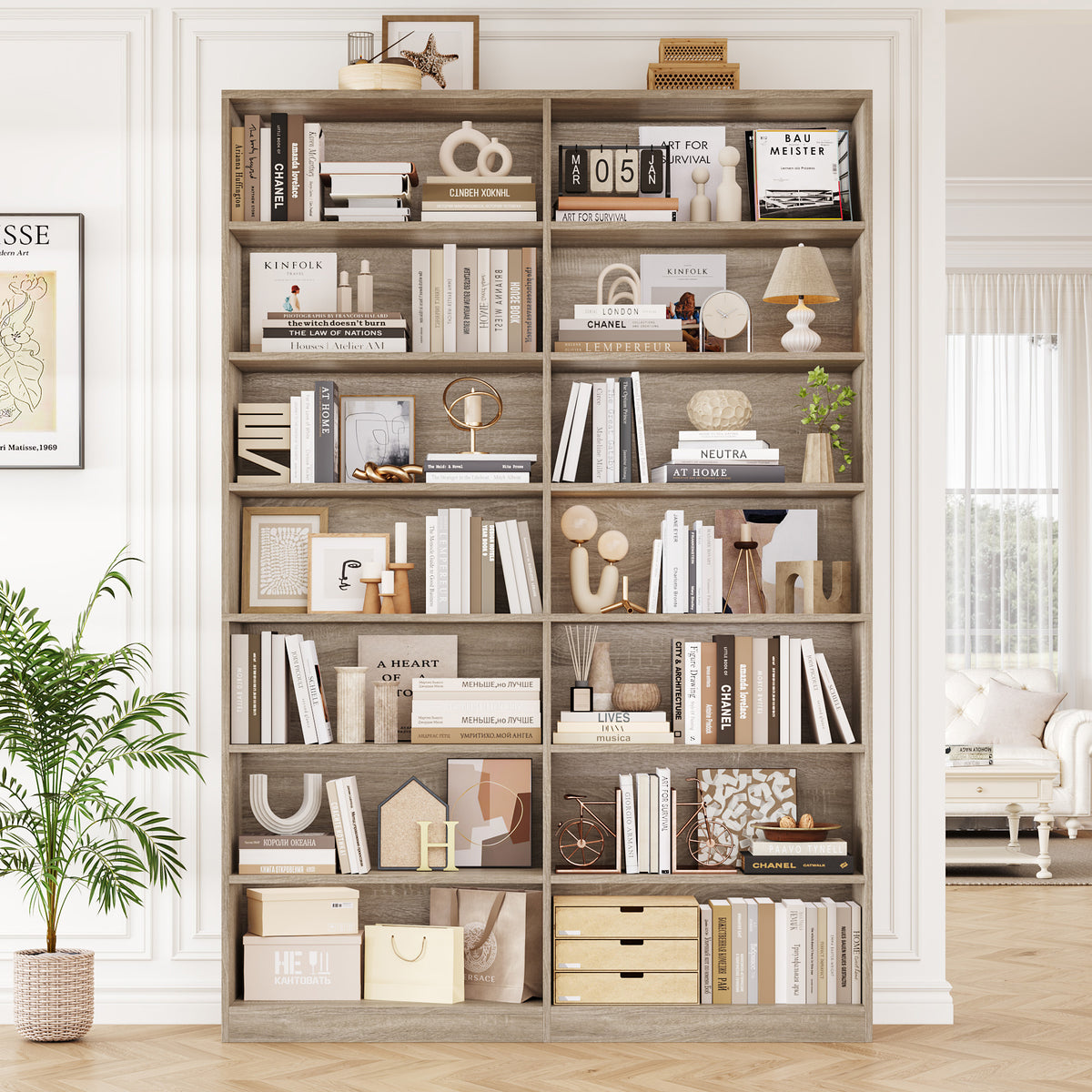 Hiphuta 83.6"H x 47.2"W Wood Double 7-Tier Standard Bookcase, Tall Bookcase for Bedroom, Living Room and Office, Freestanding Display Storage Shelves, Light Oak