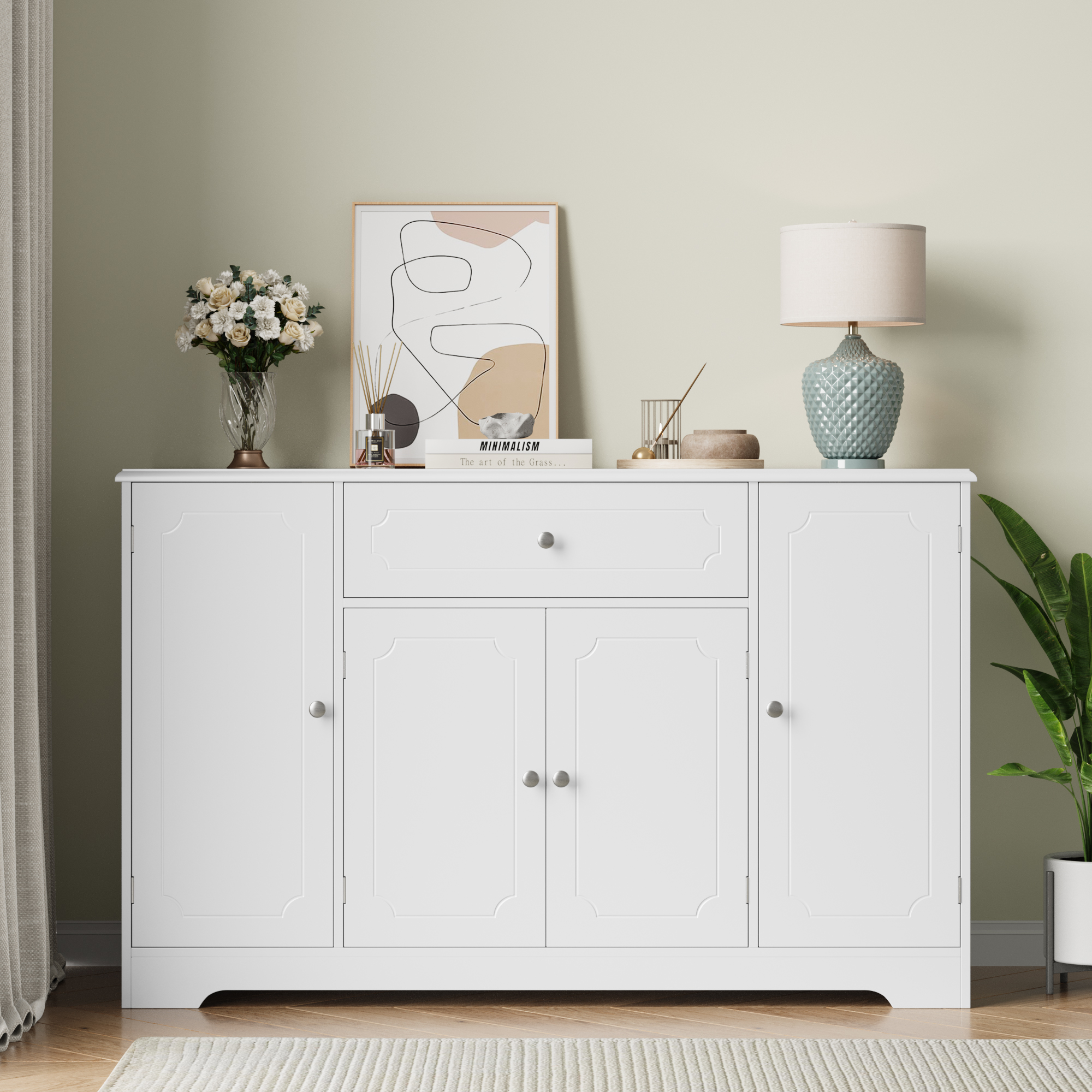 Hiphuta 47.2"W Kicthen Sideboard Buffet with 1 Drawer & 4 Doors, Storage Cabinet with Adjustable Shelves, White