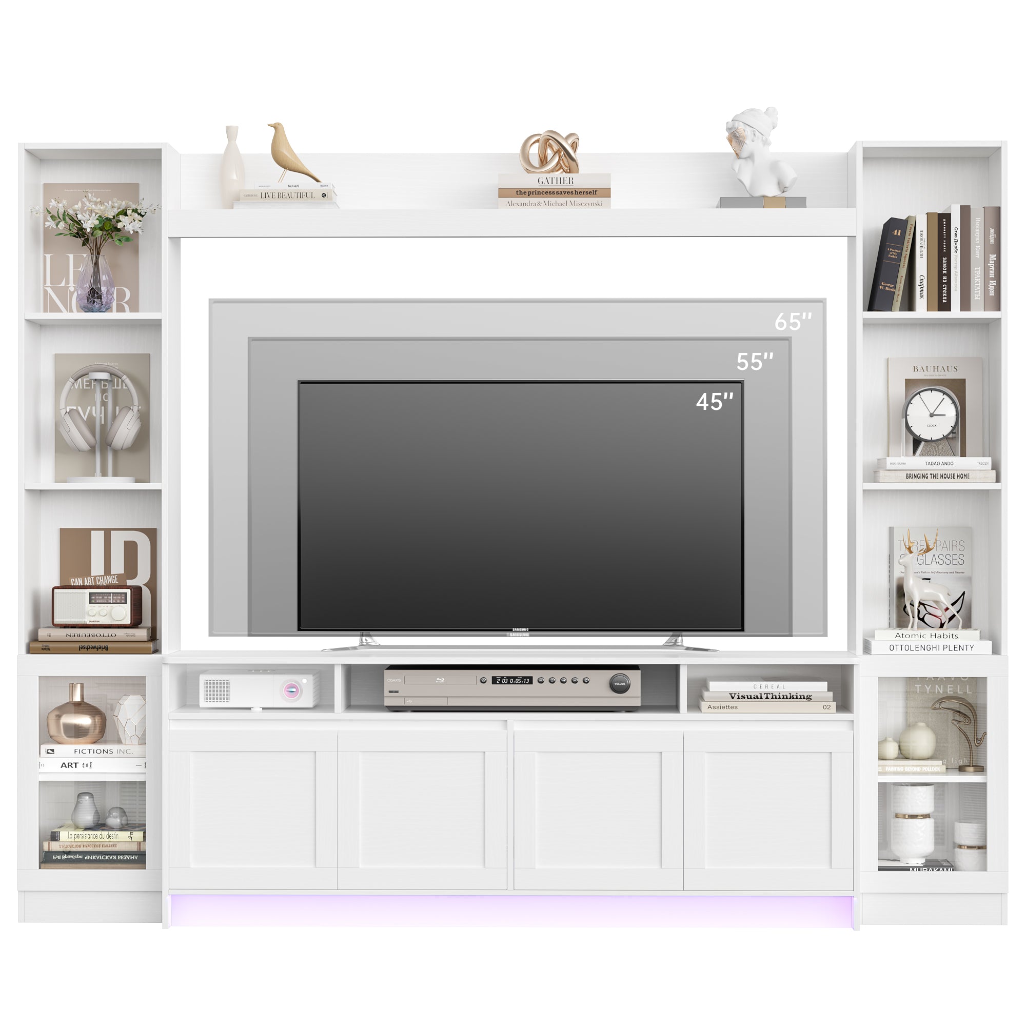 Hiphuta 79" W Wall Unit Entertainment Center for TVs up to 65", Farmhouse Wall Unit TV Stand with Bookshelves and Cabinet, Entertainment Center with LED Lights for Living Room, White