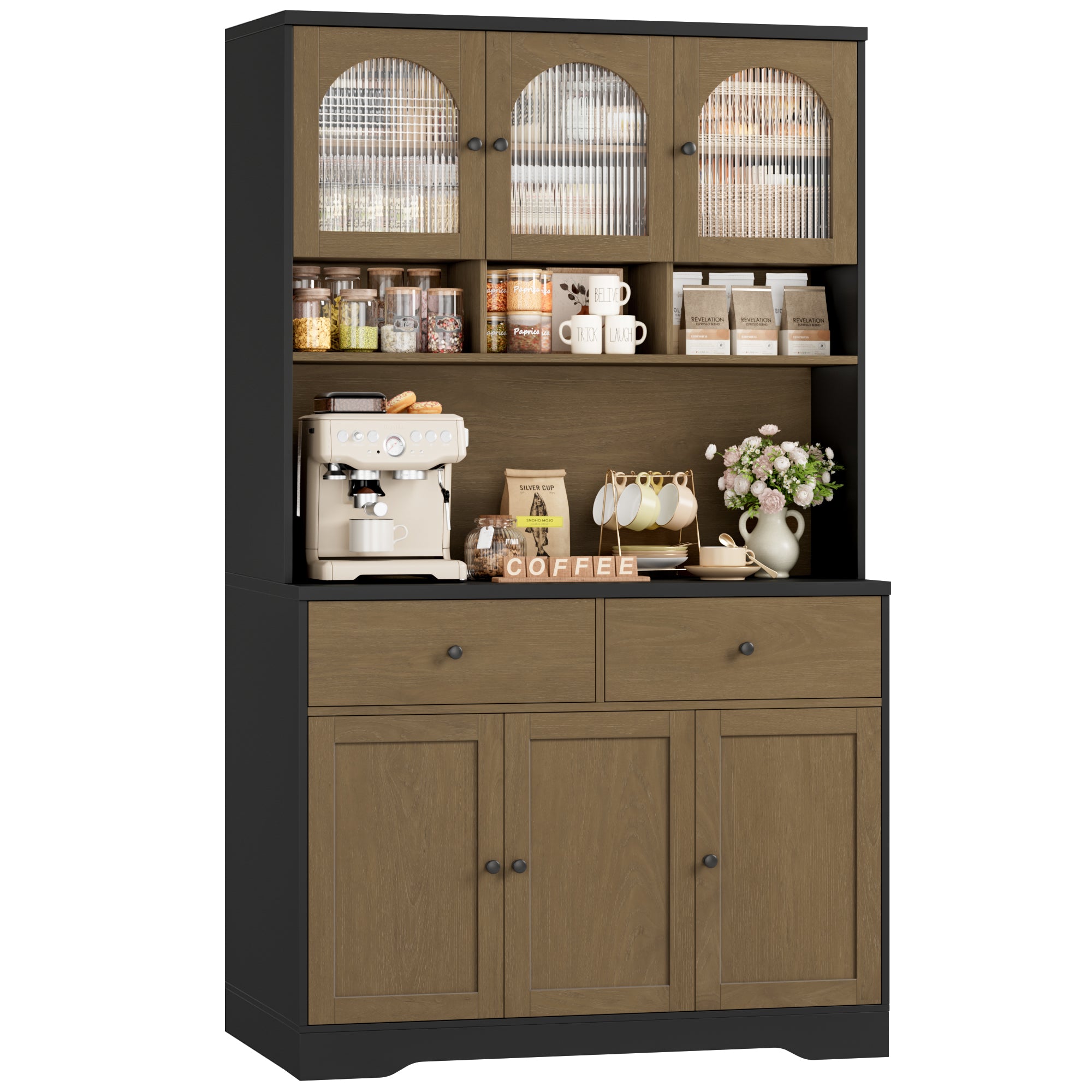 Hiphuta 71"in Modern Kitchen Pantry Storage Cabinet, Freestanding Kitchen Hutch Cabinet with Adjustable Shelves & Microwave Stand, Modern Coffee Hutch for Dining Room, Oak