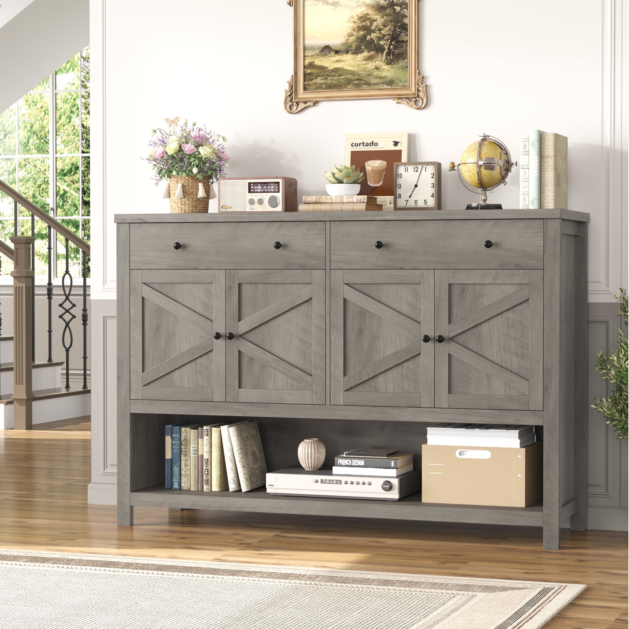 Hiphuta 55" Wide Console Table with 2 Drawers and 2 Double-Door Cabinet, Farmhouse Sideboard, Ash Gray