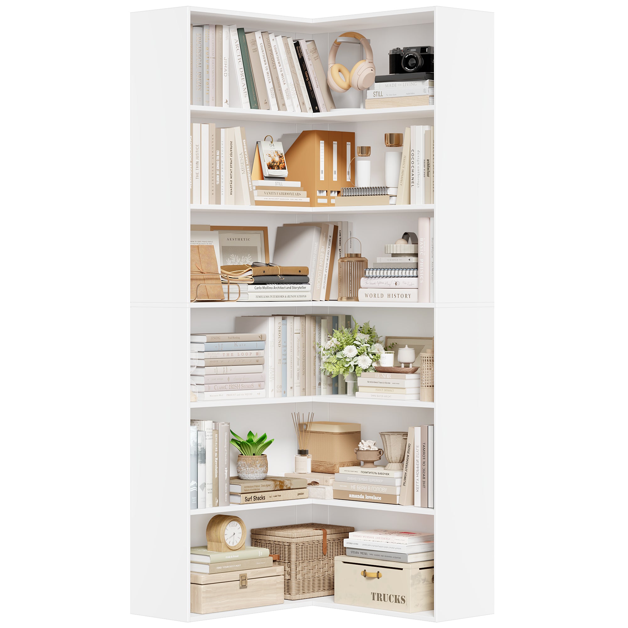 Hiphuta 74" Tall Corner Bookcase, Modern 6-Tier Corner Wooden Bookshelf, Minimalist L-Shaped Bookcase for Office Living Room, White