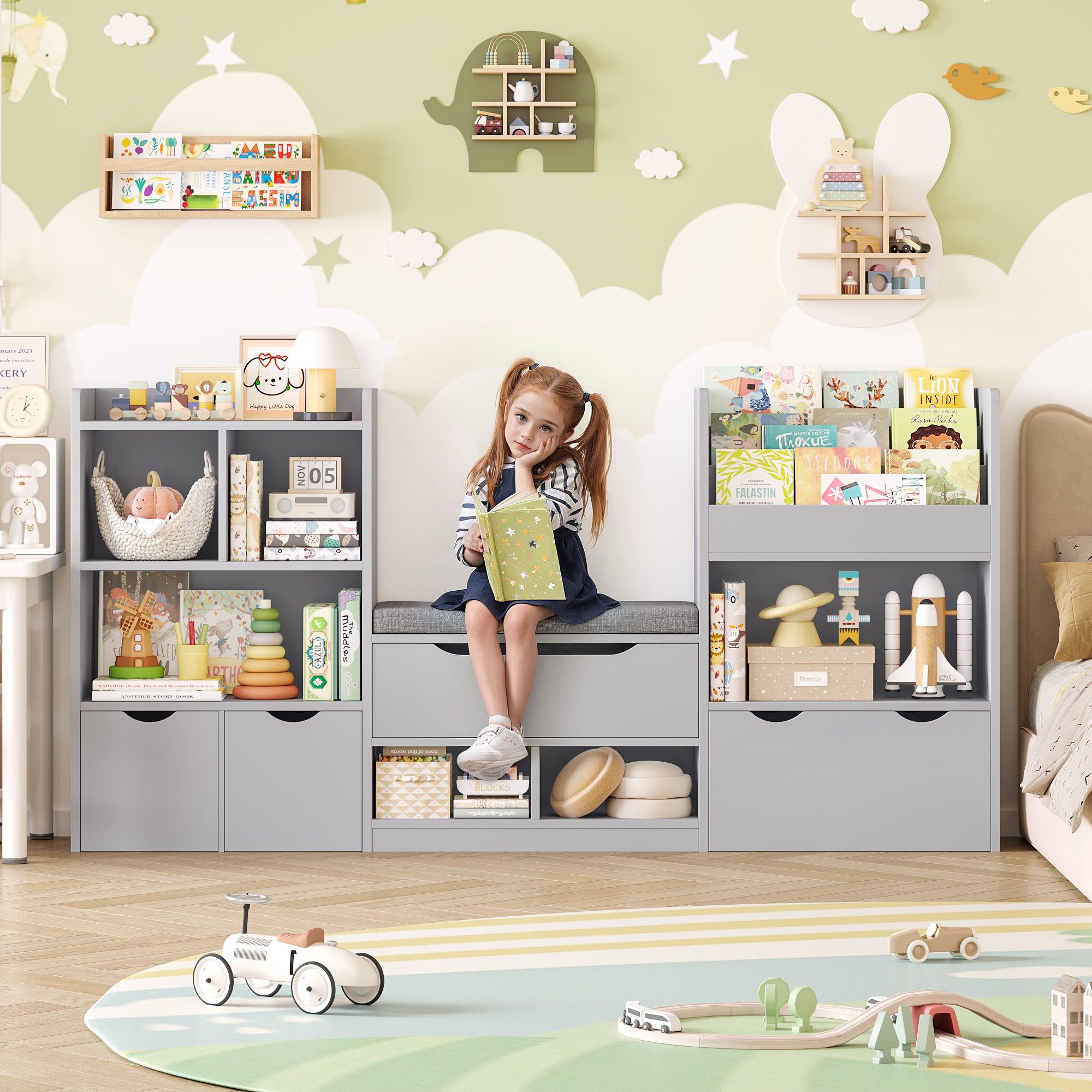 Hiphuta 72"Wide Kids Bookshelf with Reading Nook and Under Bench Storage, Kids Bookcase with Toy Organizer & Book Rack for Kids, Gray