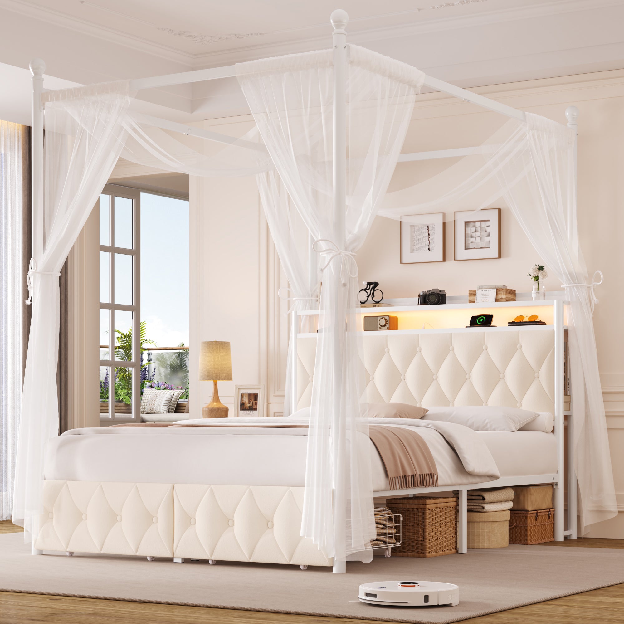 Hiphuta Full Size Upholstered Canopy Bed with Charging Station & Storage Drawer, Metal Platform Bed with Button Tufted Headboard, Full Bed for Kids, Curtain Not Included, Beige