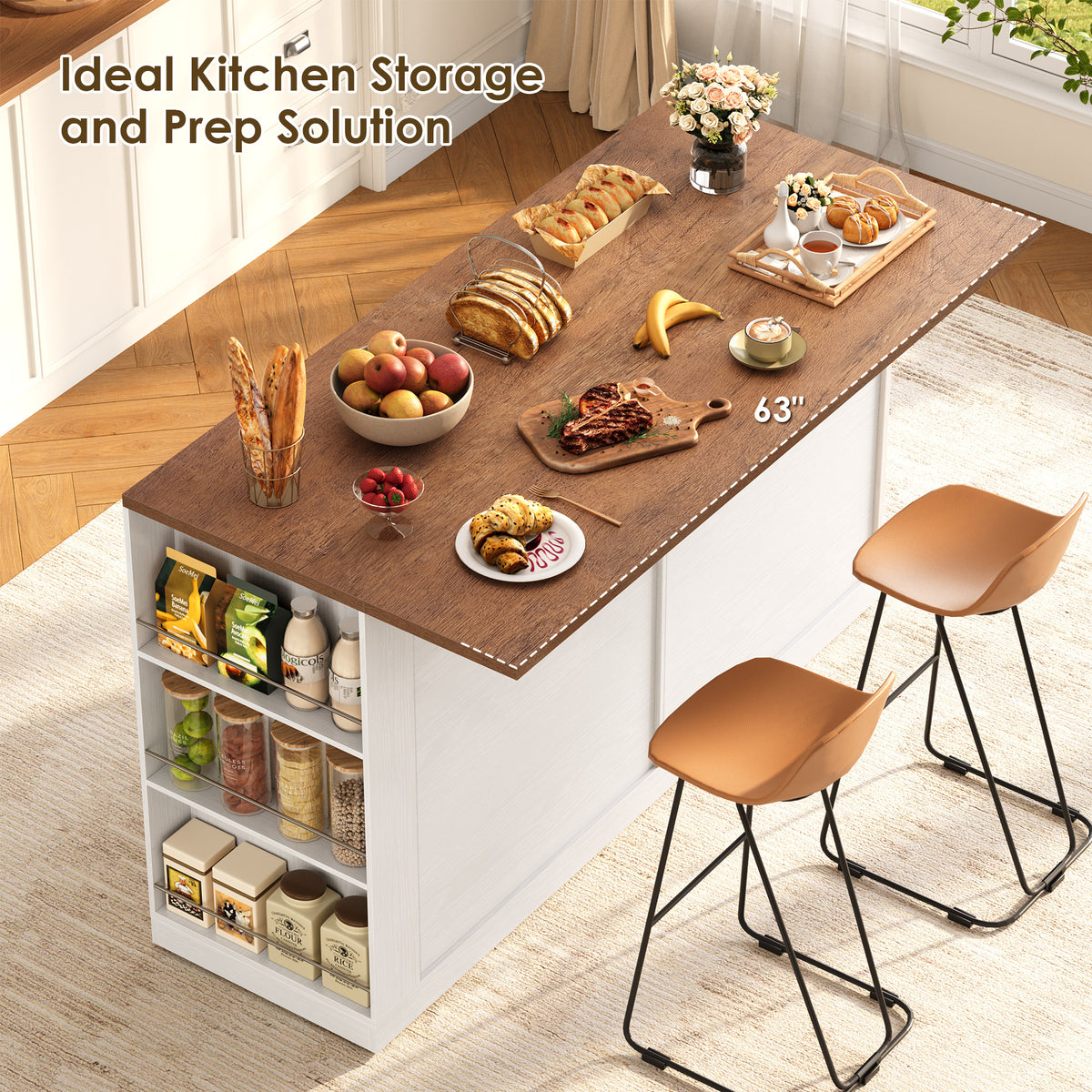 Hiphuta 63" Large Kitchen Island Cart with Storage, Rolling Island Table with Adjustable Shelves and 4 Drawers, Movable Buffet Cabinet for Dining room, White