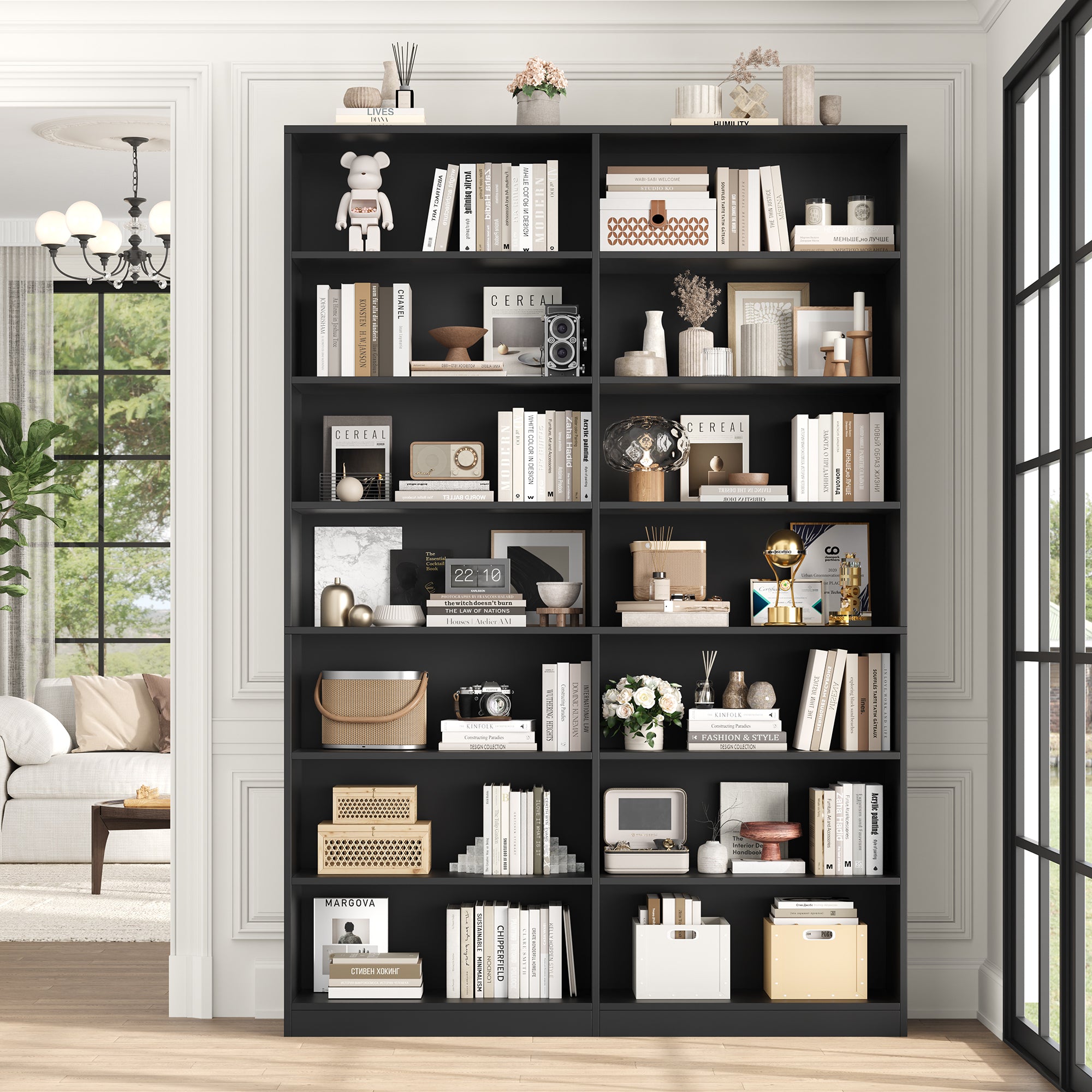 Hiphuta 83.6"H x 47.2"W Wood Double 7-Tier Standard Bookcase, Tall Bookcase for Bedroom, Living Room and Office, Freestanding Display Storage Shelves, Black