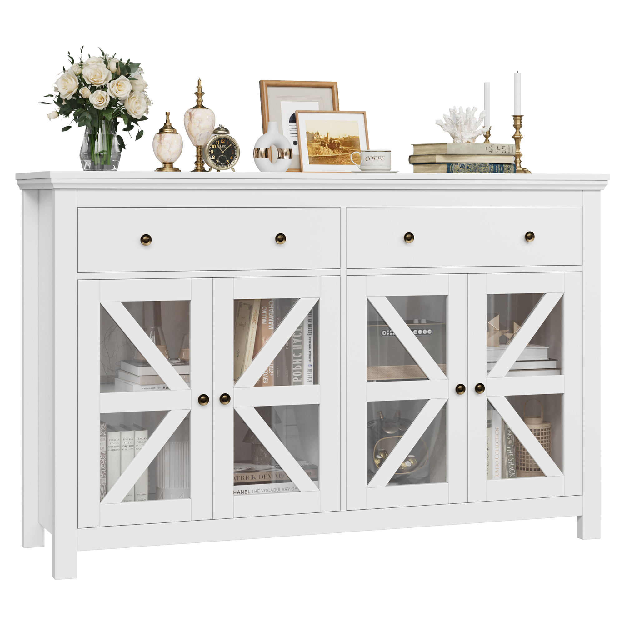 Hiphuta 55”Large Modern Buffet Sideboard, Kitchen Pantry Storage Cabinet with Glass Doors &amp; 2 Drawers, White