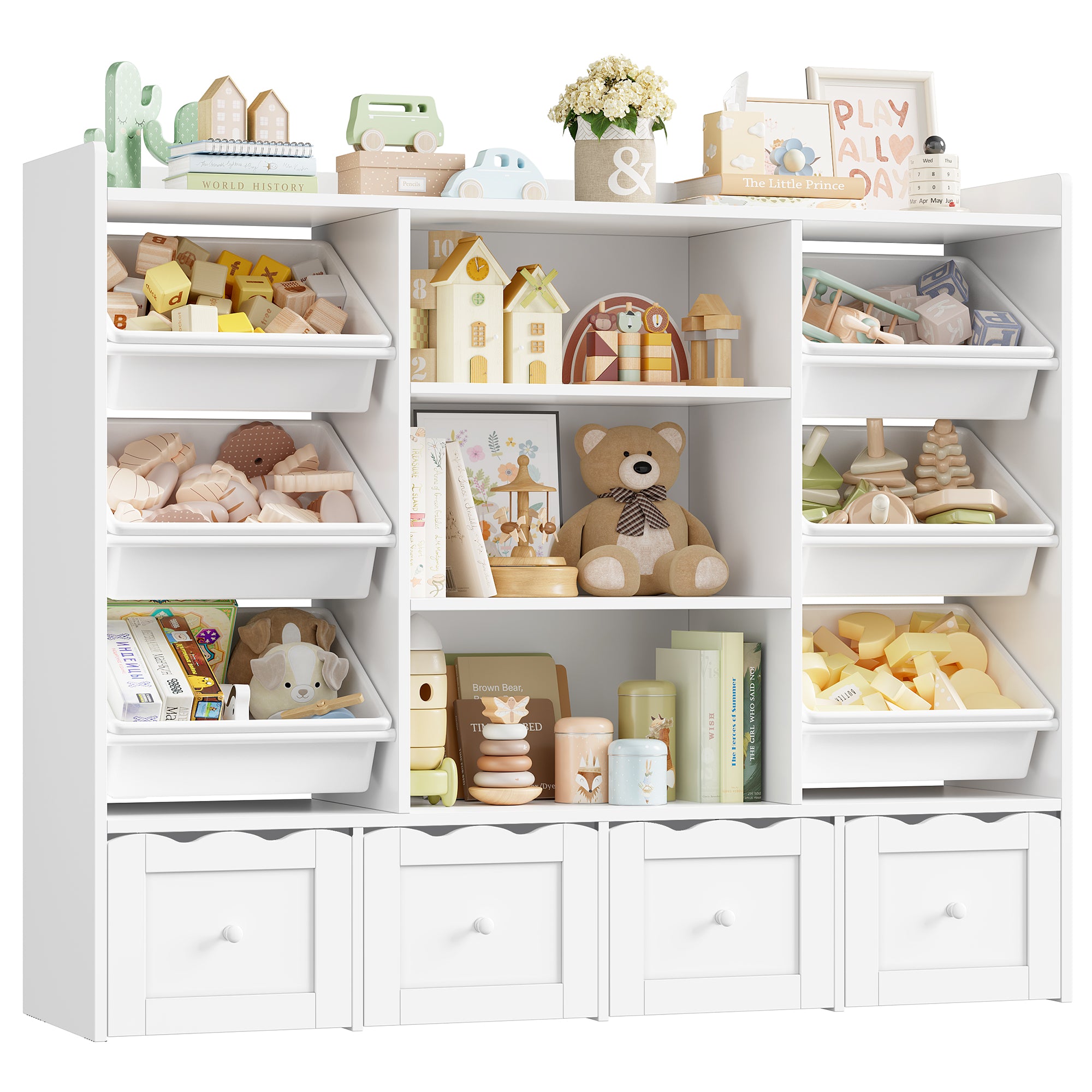 Hiphuta 55" Wide Toy Storage Organizer with 4 Removable Drawers, 4-Tier Kid Bookcase with 6 Bins, Toy Organizer with Bookcase for Kid Bedroom Playroom, White