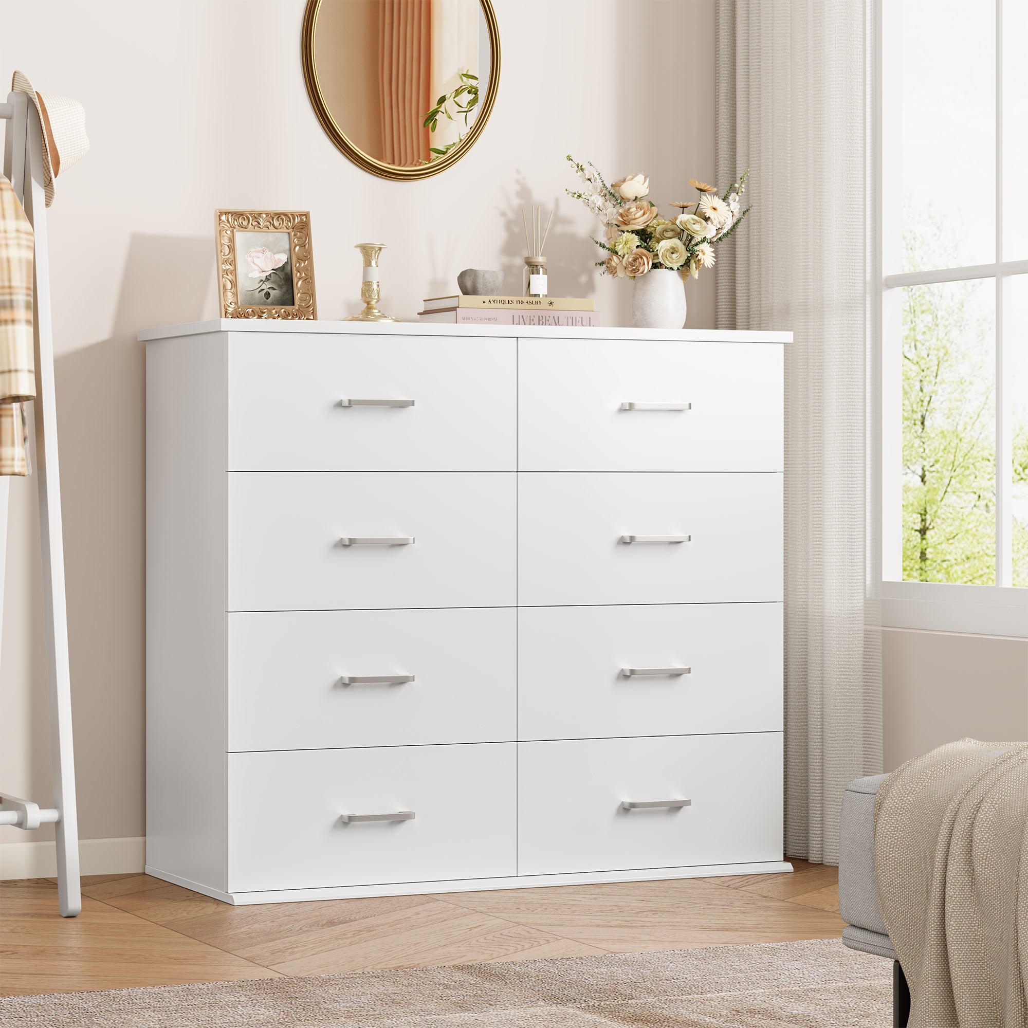 Hiphuta Modern 8 Drawer Dresser for Bedroom with Metal Handle, Large Double Dresser Organizer, Wood Chest of Drawers, White