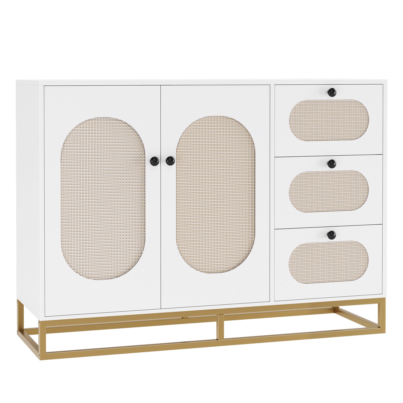 Hiphuta Accent Cabinet with 3 Rattan Drawers & 2 Rattan Doors, Sideboard with Display Shelf for Living Room, White