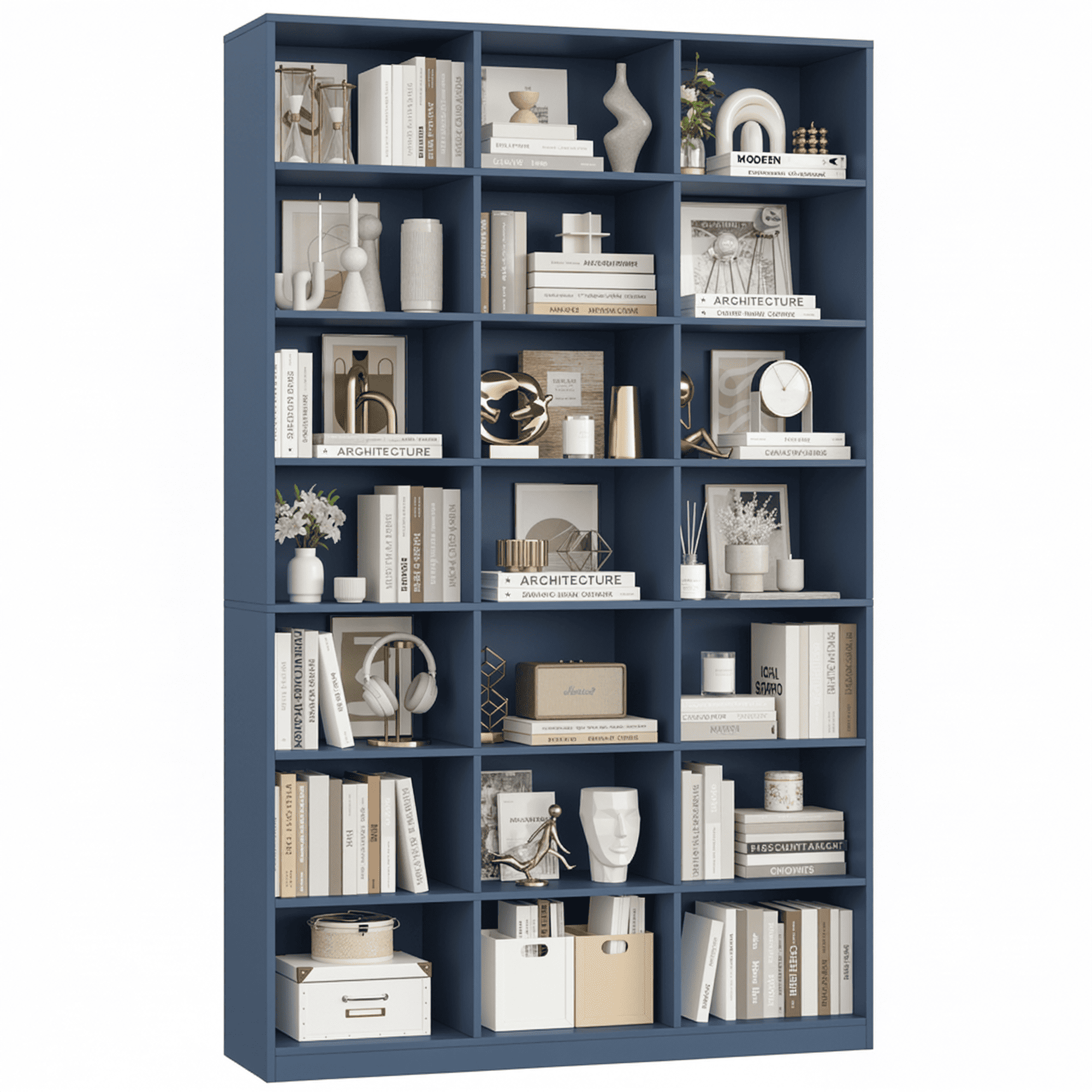 Hiphuta 86"H x 47"W Wood Triple 7-Tier Standard Bookcase, Tall Bookcase for Bedroom, Living Room and Office, Freestanding 21 Cubes Display Storage Shelves, Blue