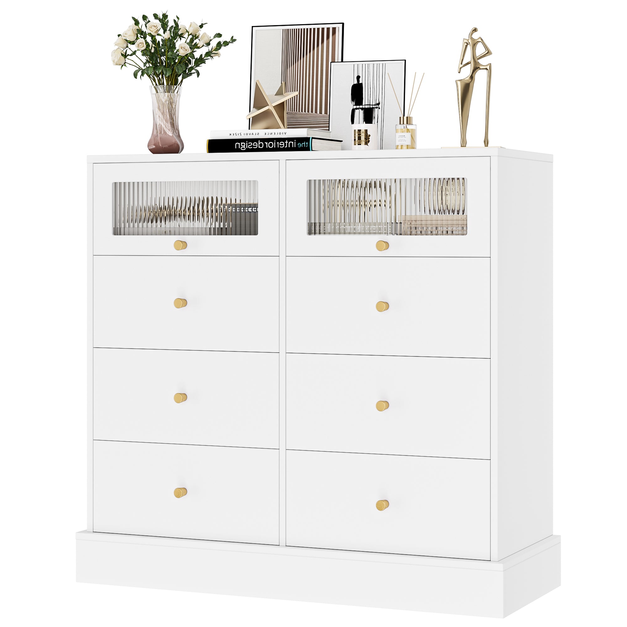 Hiphuta 6 Drawer Double Dressers, Wood Chest of Drawers, Storage Cabinet with 2 Glass Doors, White for Adult