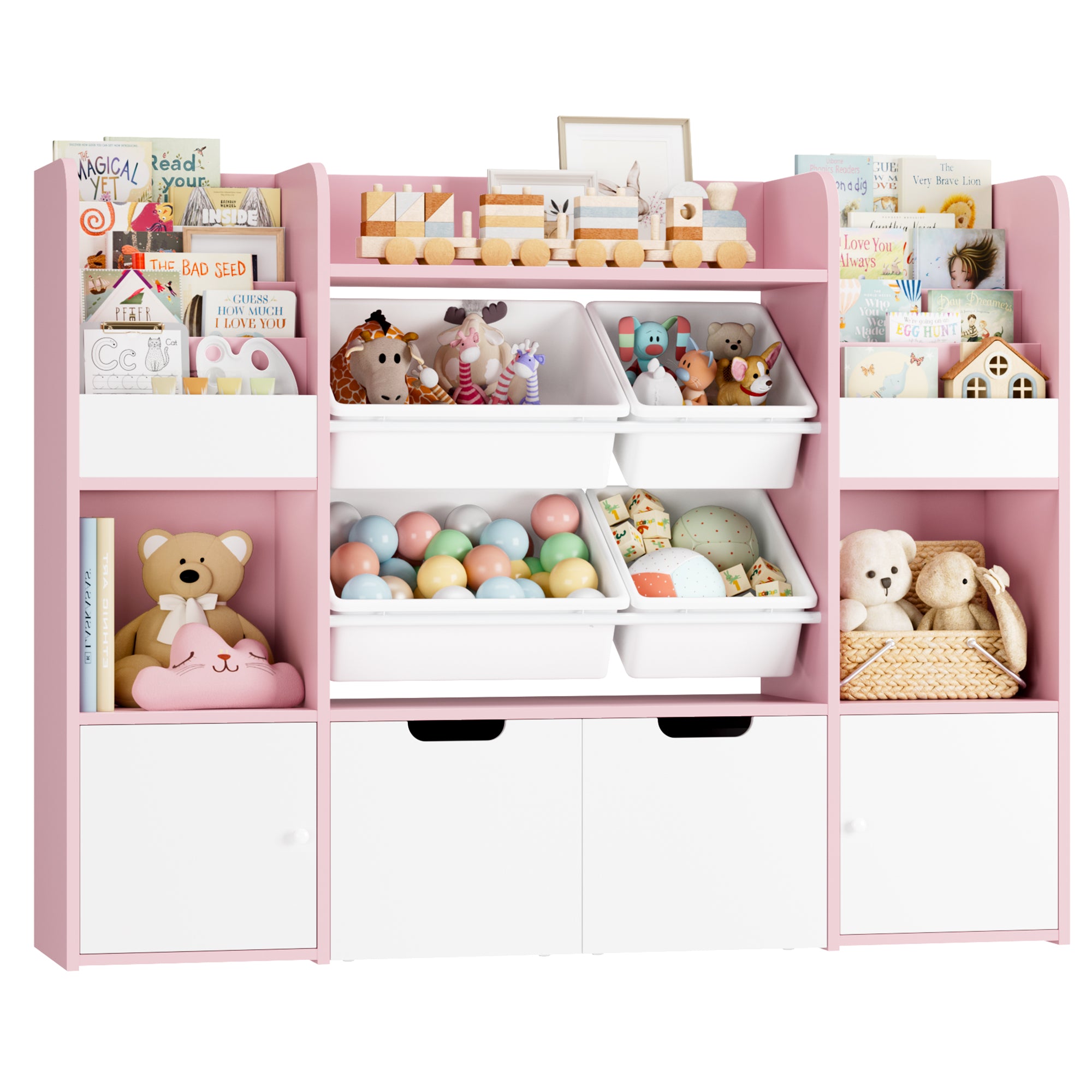 Hiphuta Kid's Toy Storage Organizer, Wood Toy Organizer of 4 Bins& 2 Removable Drawers, Children's Bookcase with Book Rack, Pink