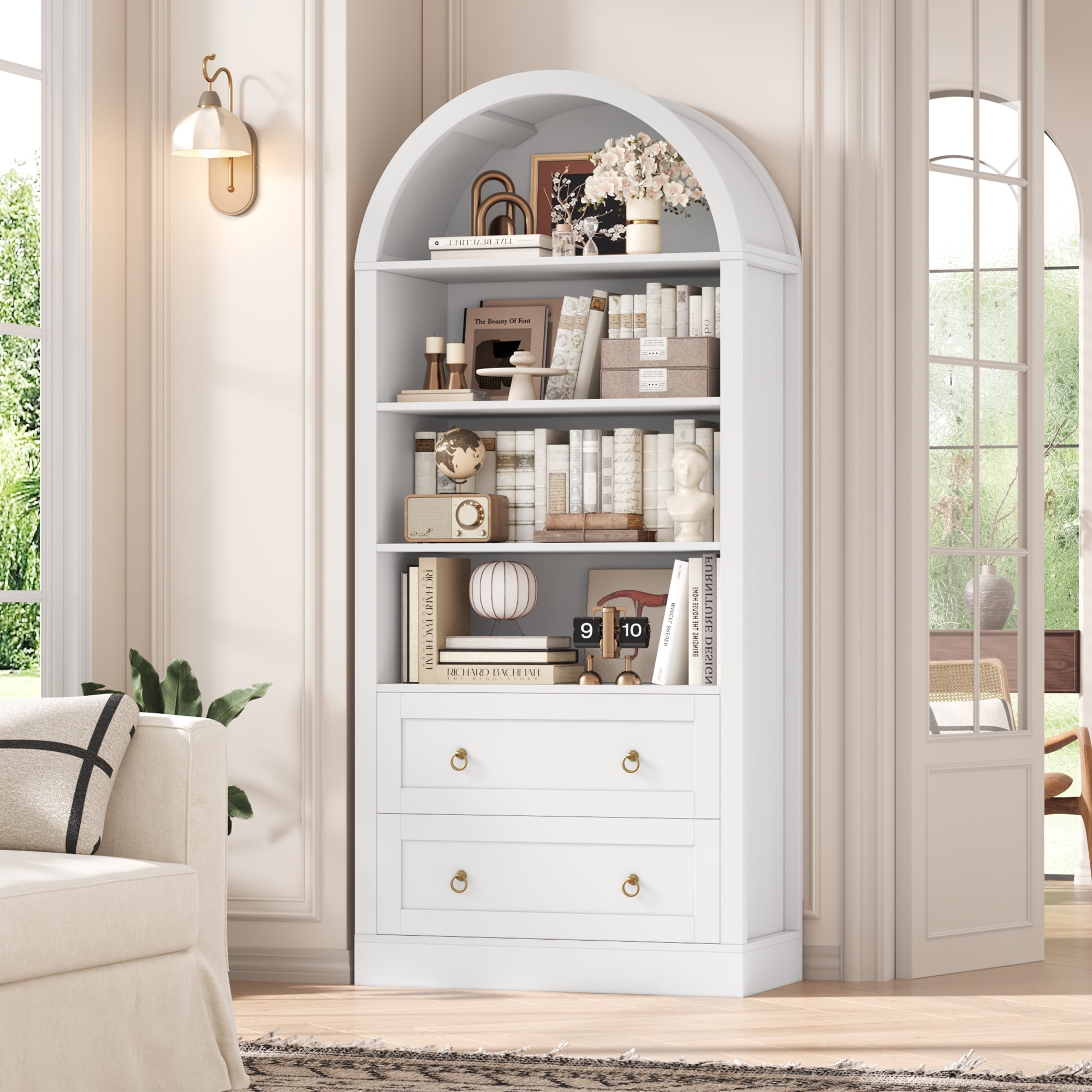 Hiphuta Arched Bookshelf with 2 Drawers, Standard Tall Wood Bookcase for Home Office, White