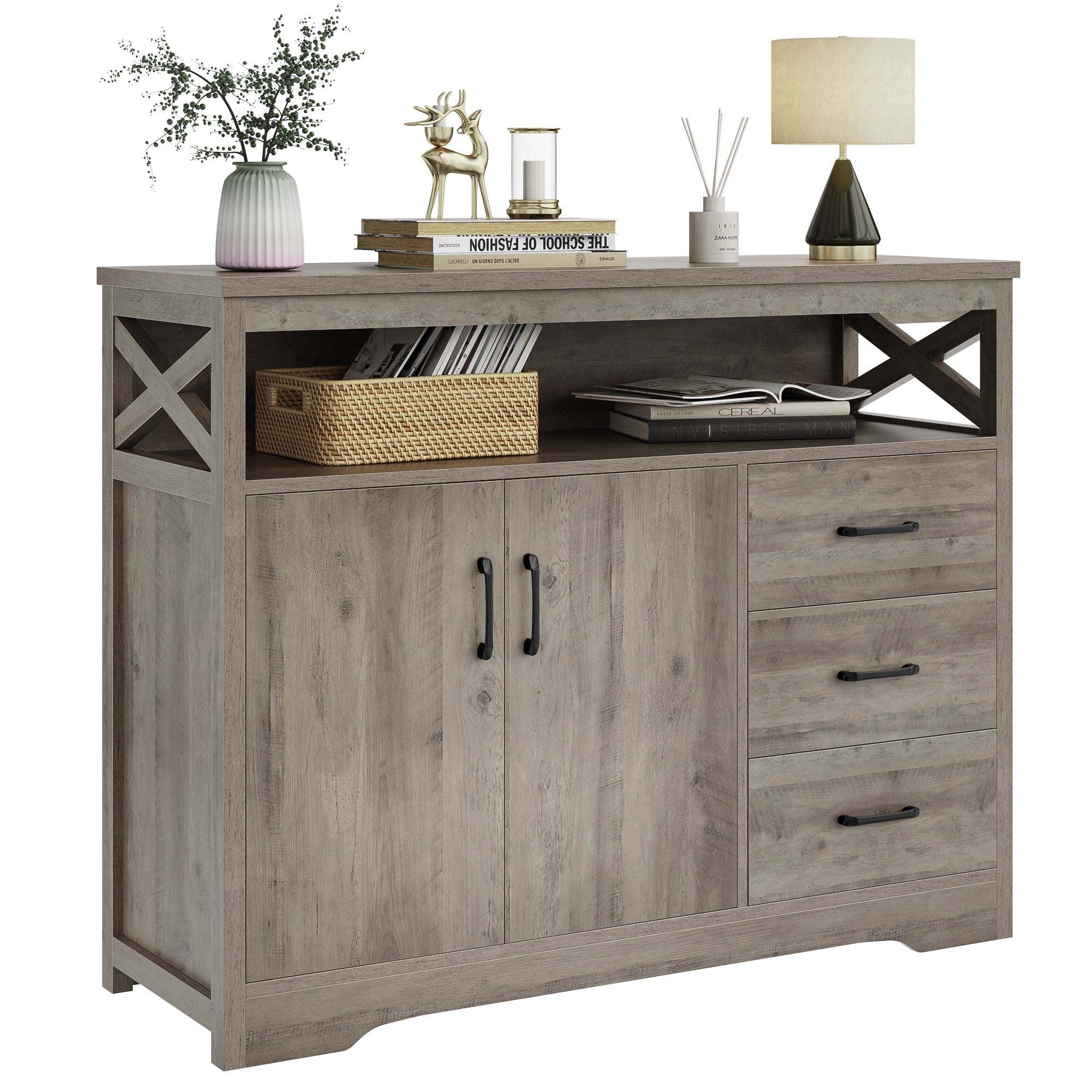 Hiphuta 47.2” Wide Buffet Sideboard, Farmhouse 3 Drawer Credenza Cabinet with 2 Doors, Ash Gray