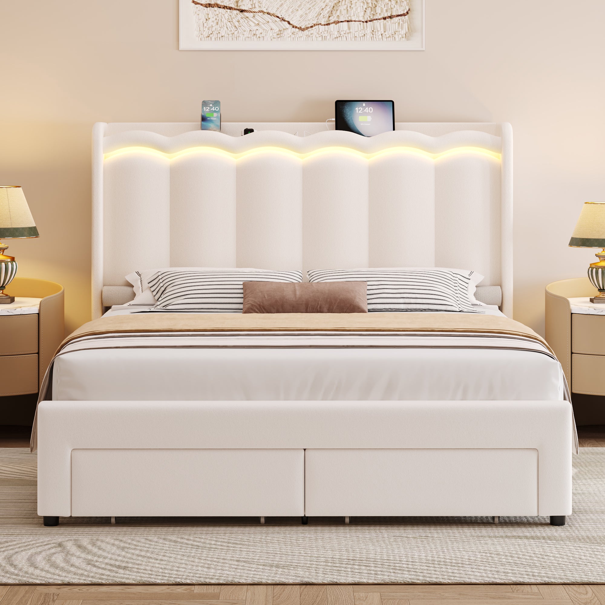 Hiphuta Queen Size Bed with Power Outlet & LED, Upholstered Velvet Beds with Drawer, Queen Beds with Headboard Storage, Beige