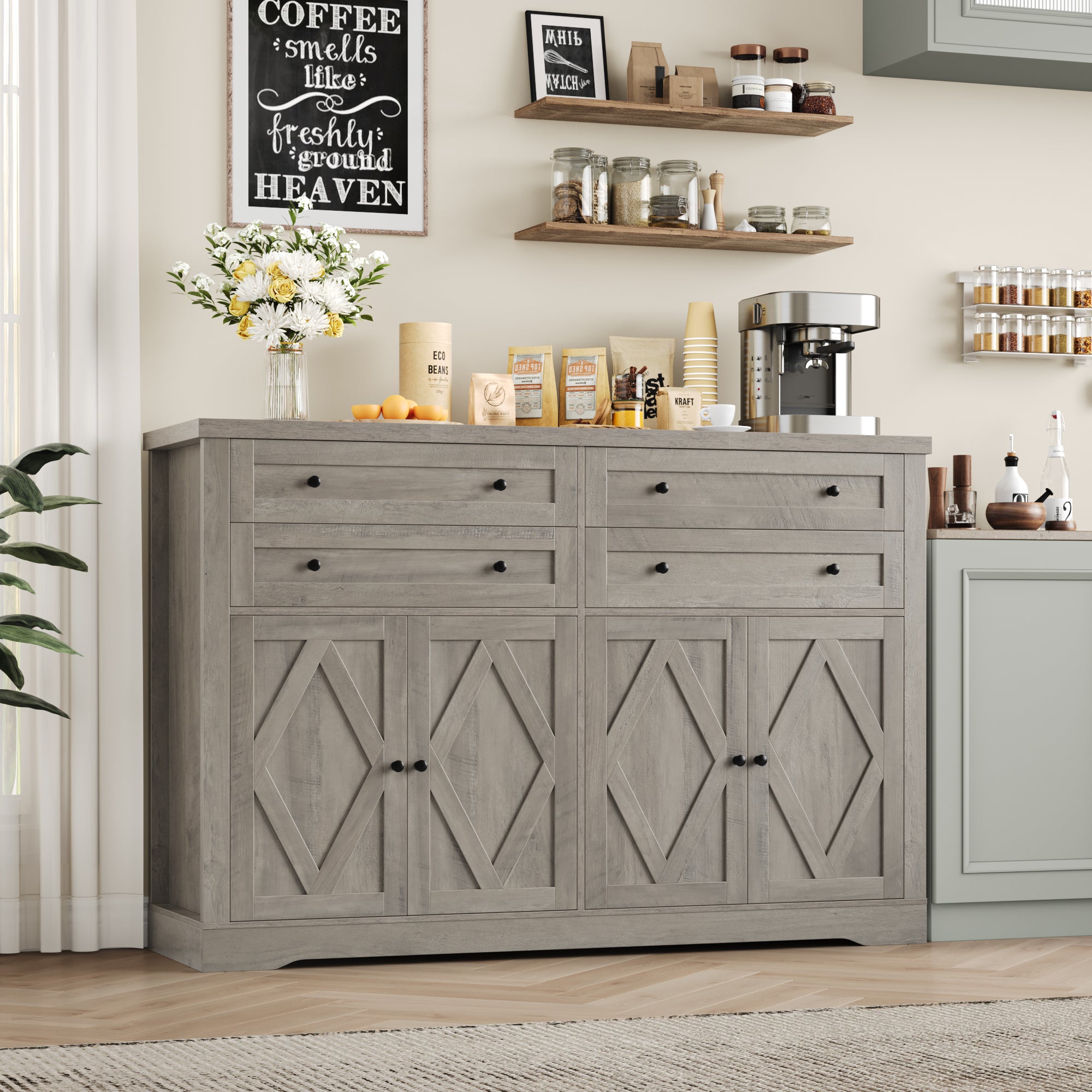 Hiphuta 55" Wide Farmhouse Buffet Storage Cabinets with 2 Adjustable Shelves & 4 Drawers for Living Room, Ash Gray