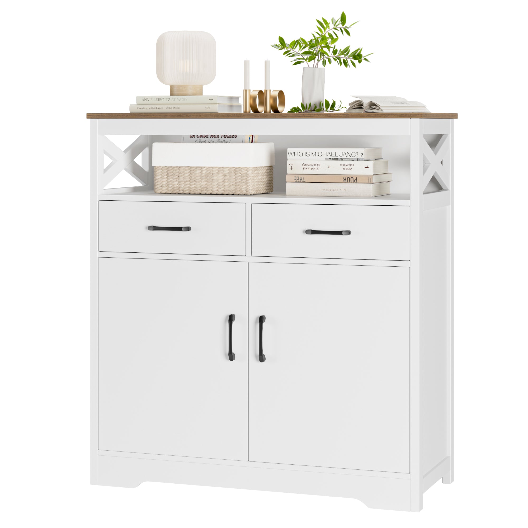 Hiphuta Modern Farmhouse Buffet Sideboard, Wood Cabinet with Shelves, Doors & 2 Drawers, Coffee Bar, Floor Cabinet Cupboard for Living Room, White