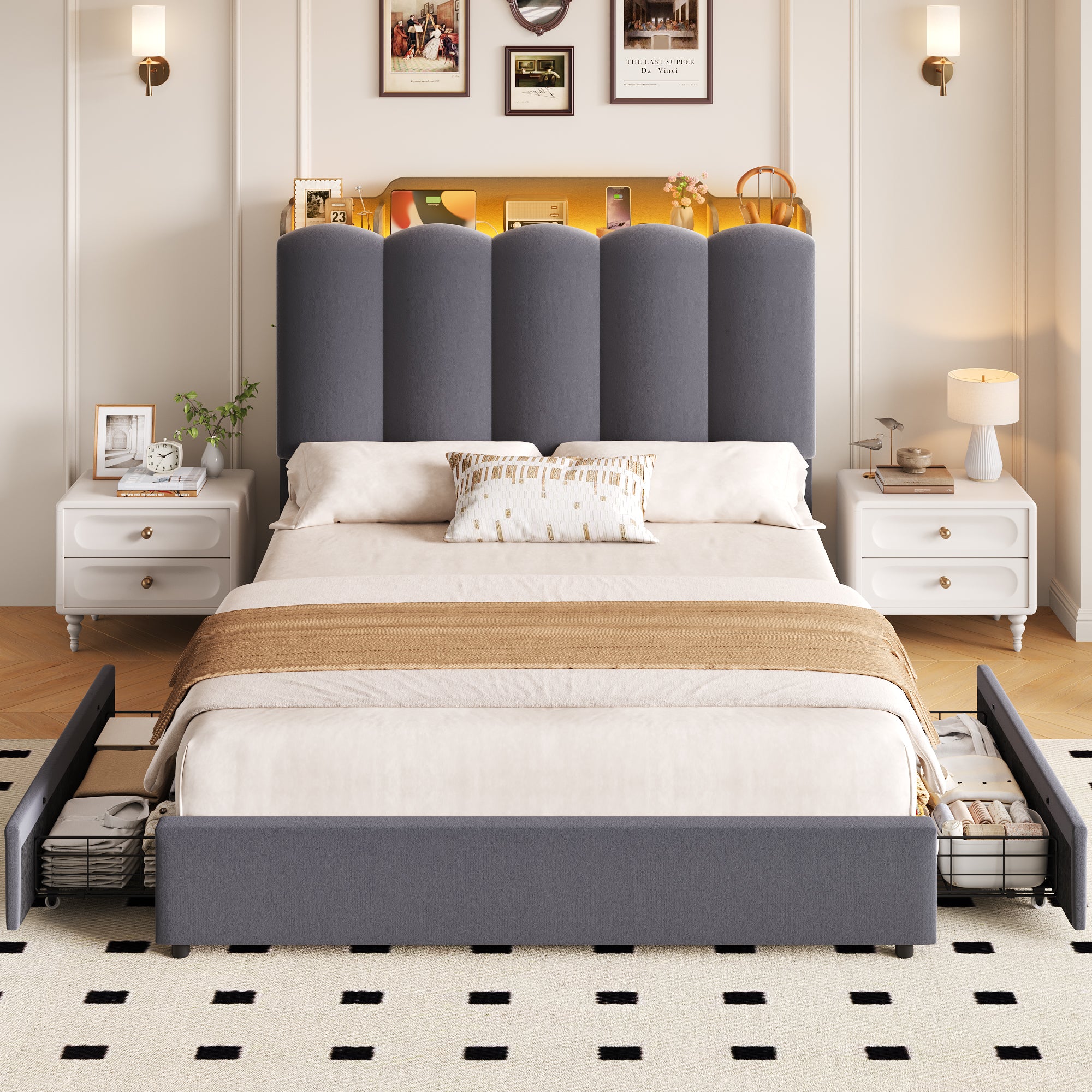 Hiphuta Queen Size Bed Frame with Upholstered Headboard, Led Bed with Storage Headboard, Gray