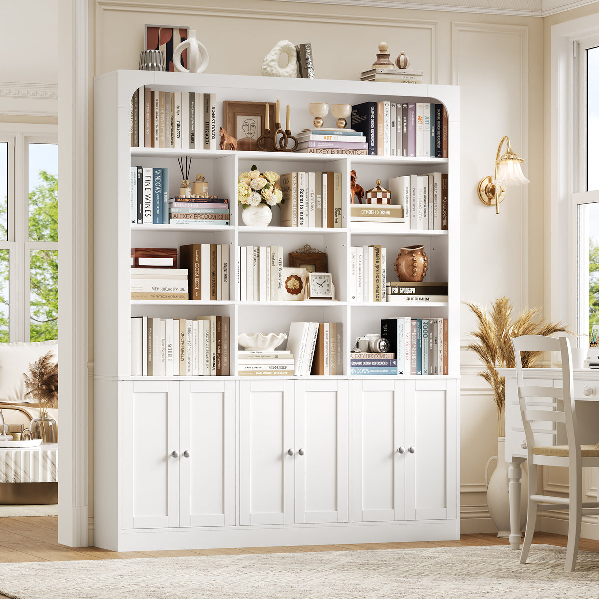 Hiphuta 71" Tall 4-Tier Bookcase with 10 Open Cubes, 56" Wide Extra Large Display Bookshelf with 4 Doors, for Living Room Home Office, White
