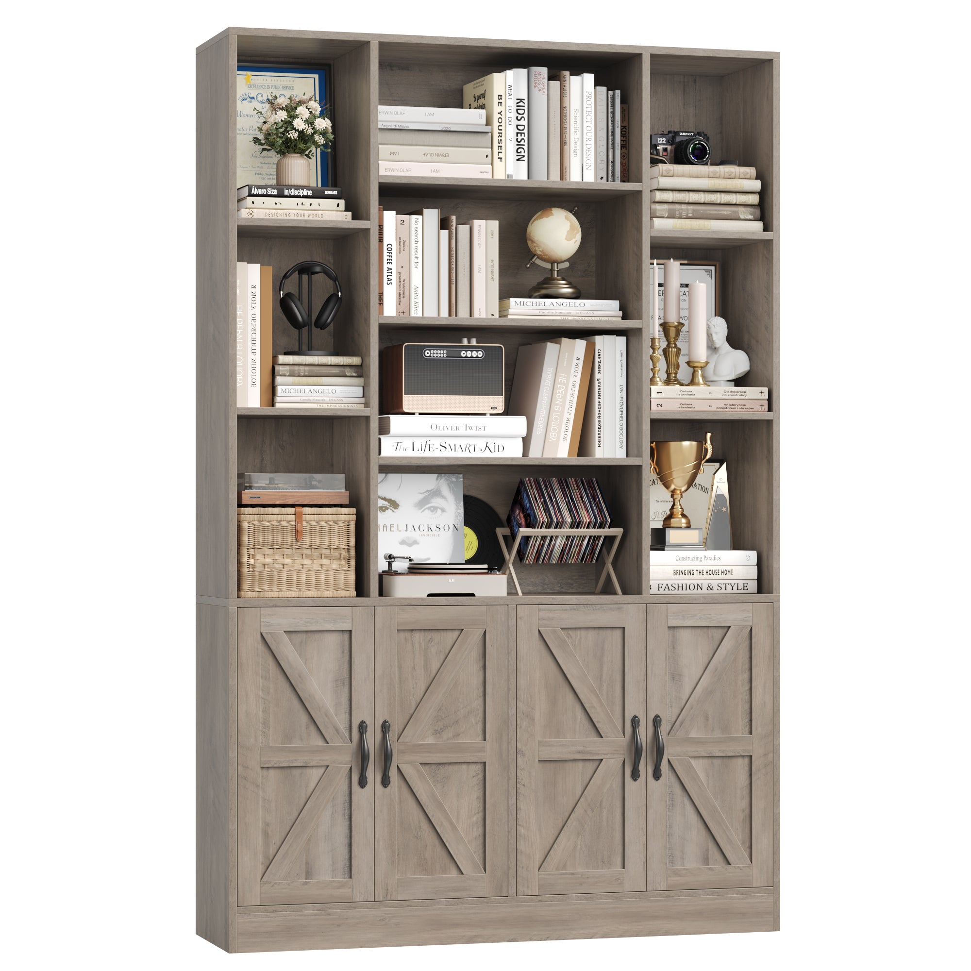 Hiphuta 74.8" Tall Bookcases with 2 Double Door Cabinet, Wooden Storage Bookshelf for Living Room Home Office, Ash Gray