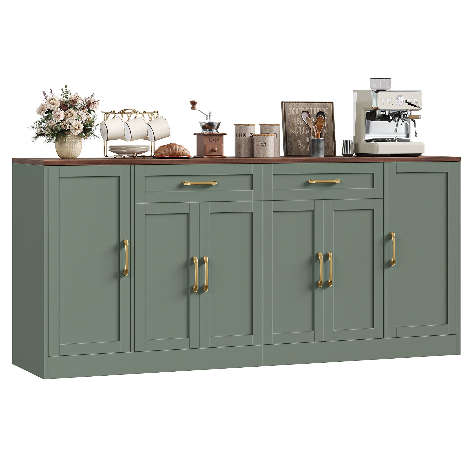 Hiphuta 70.8"W Large Buffet Cabinet with 6 Doors, Modern Farmhouse Sideboard with 2 Drawers, Coffee Bar for Kitchen Dining Room Living Room, Green
