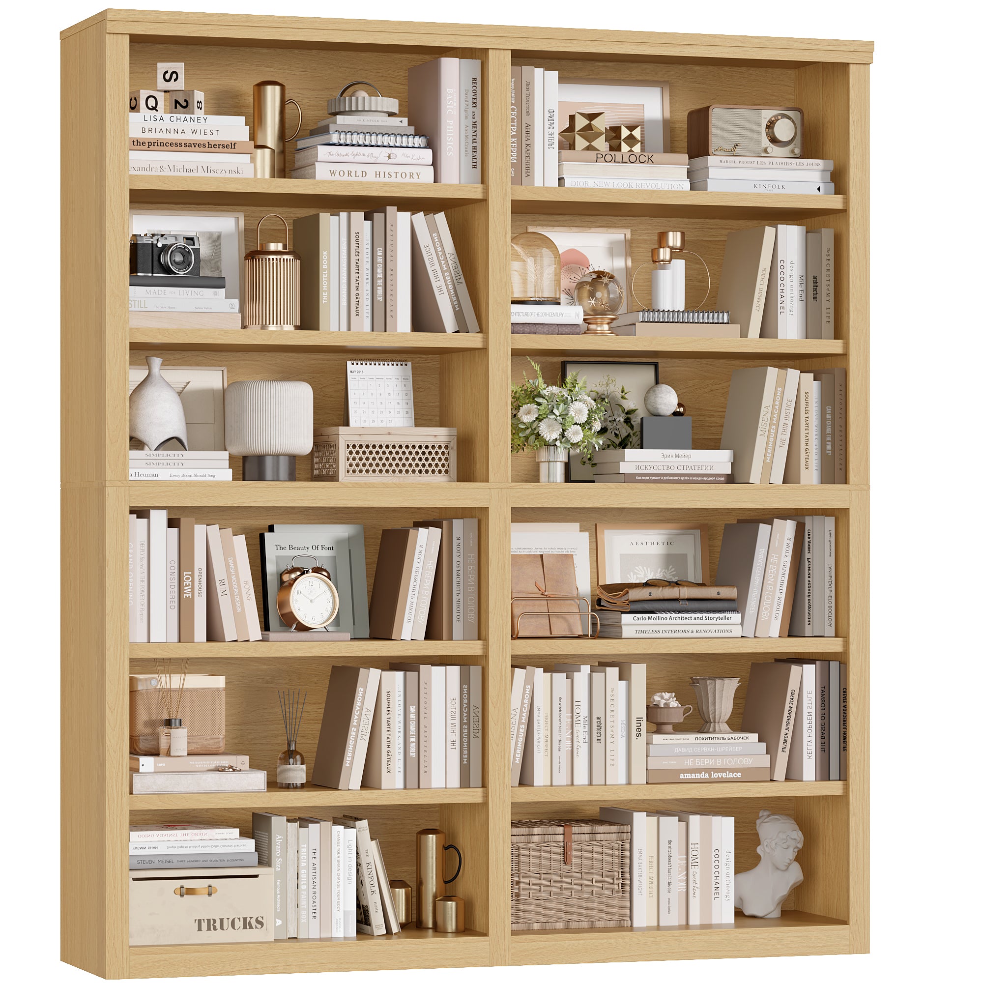 Hiphuta 63"W Extra Large and Sturdy Bookcase, Double Wide 6-Tier Bookshelf, Tall Bookcase for Home Office and Living Room, Wooden Freestanding Display Shelf, Natural