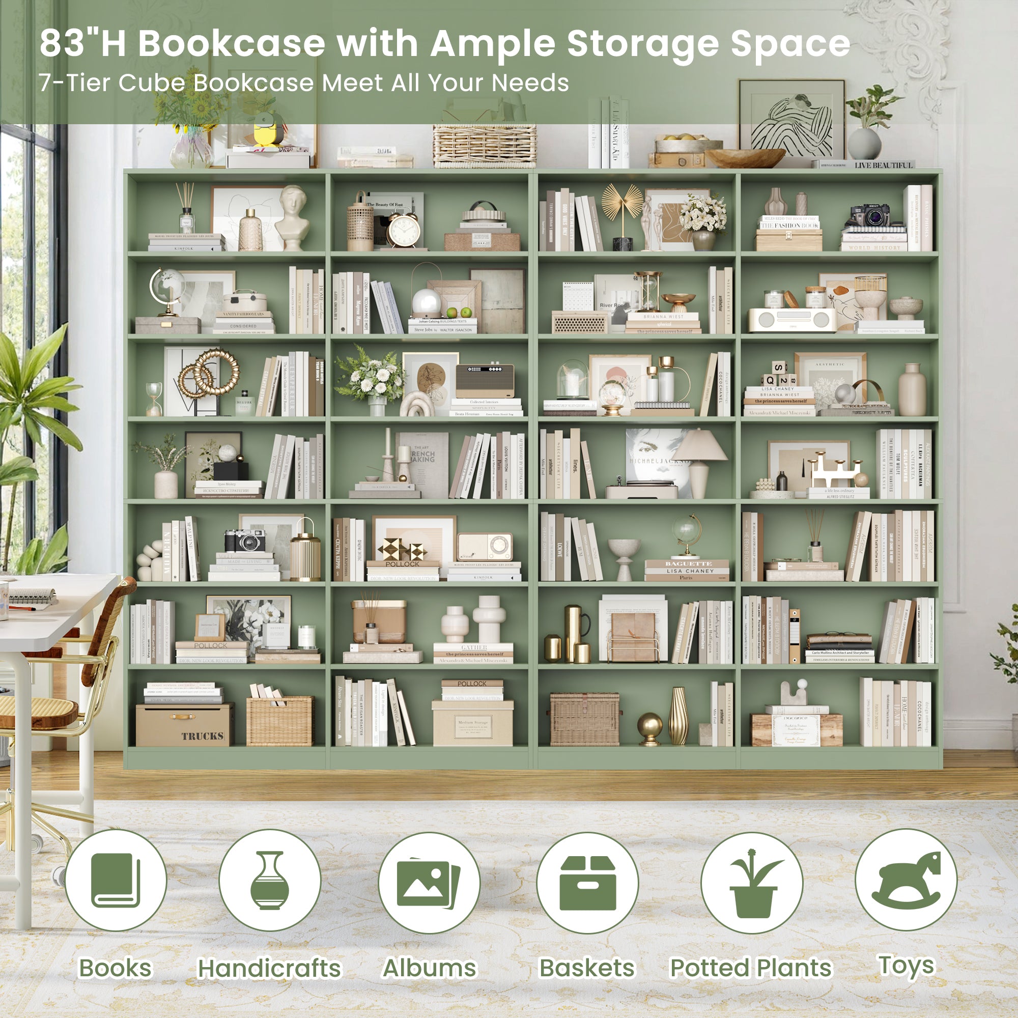 Hiphuta 83.6"H x 47.2"W Wood Double 7-Tier Standard Bookcase, Tall Bookcase for Bedroom, Living Room and Office, Freestanding Display Storage Shelves, Green