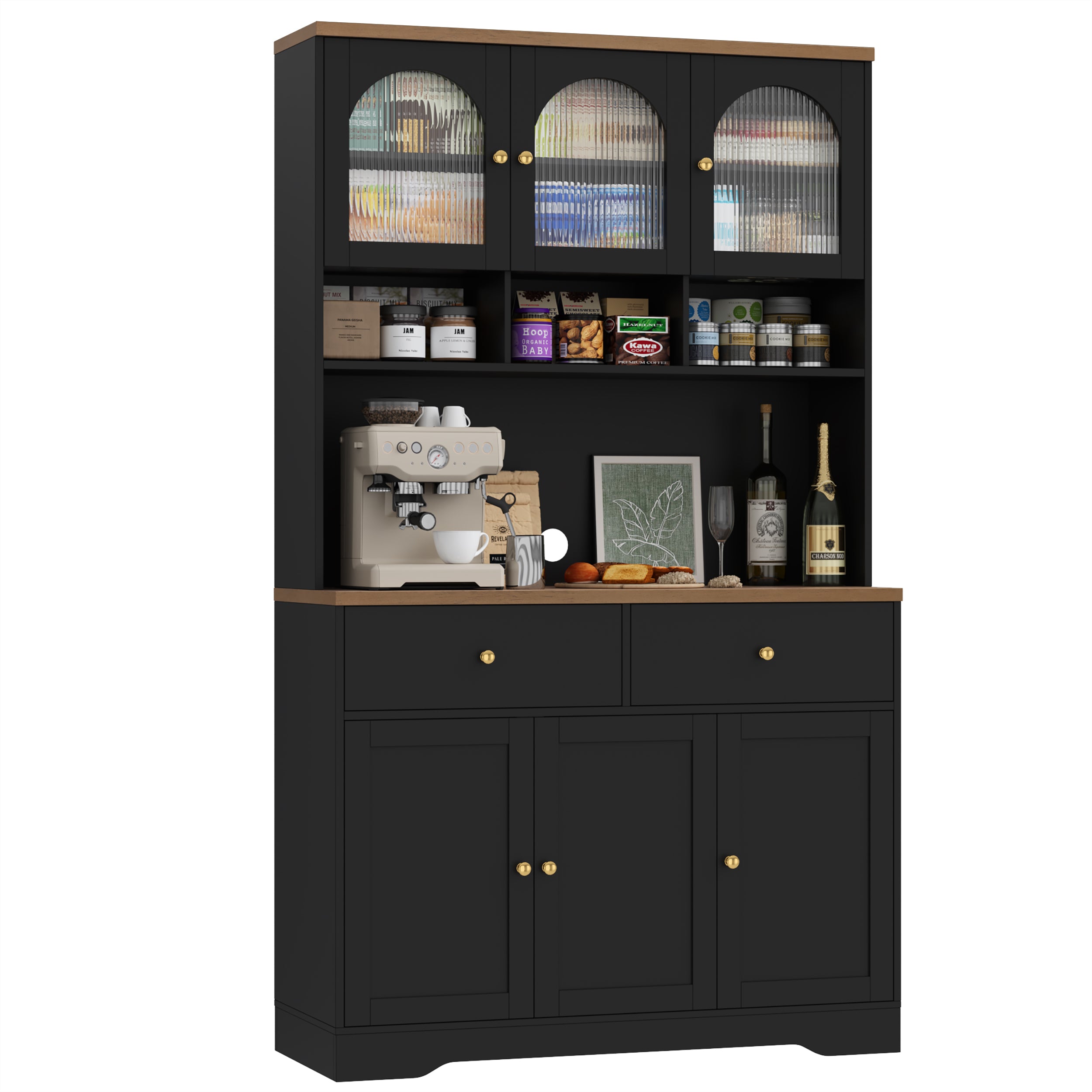 Hiphuta 71" Farmhouse Kitchen Pantry Storage Cabinet, Freestanding Hutch with Adjustable Shelves & Microwave Stand, Cupboard for Dining Room, Black