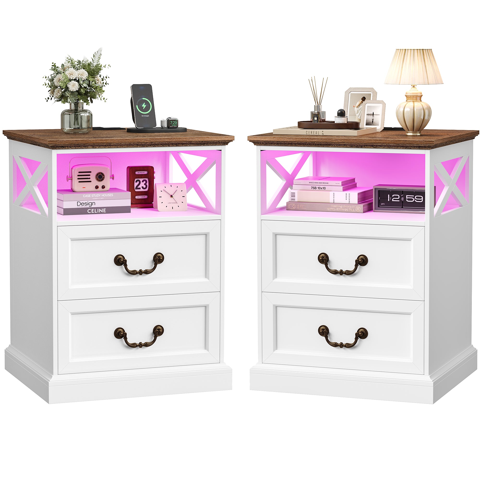 Hiphuta Farmhouse Set of 2 Nightstands with Charge Station, Wood End Table with 3 Drawers for Adult Bedroom, LEDS Bedside Table for Living Room, White