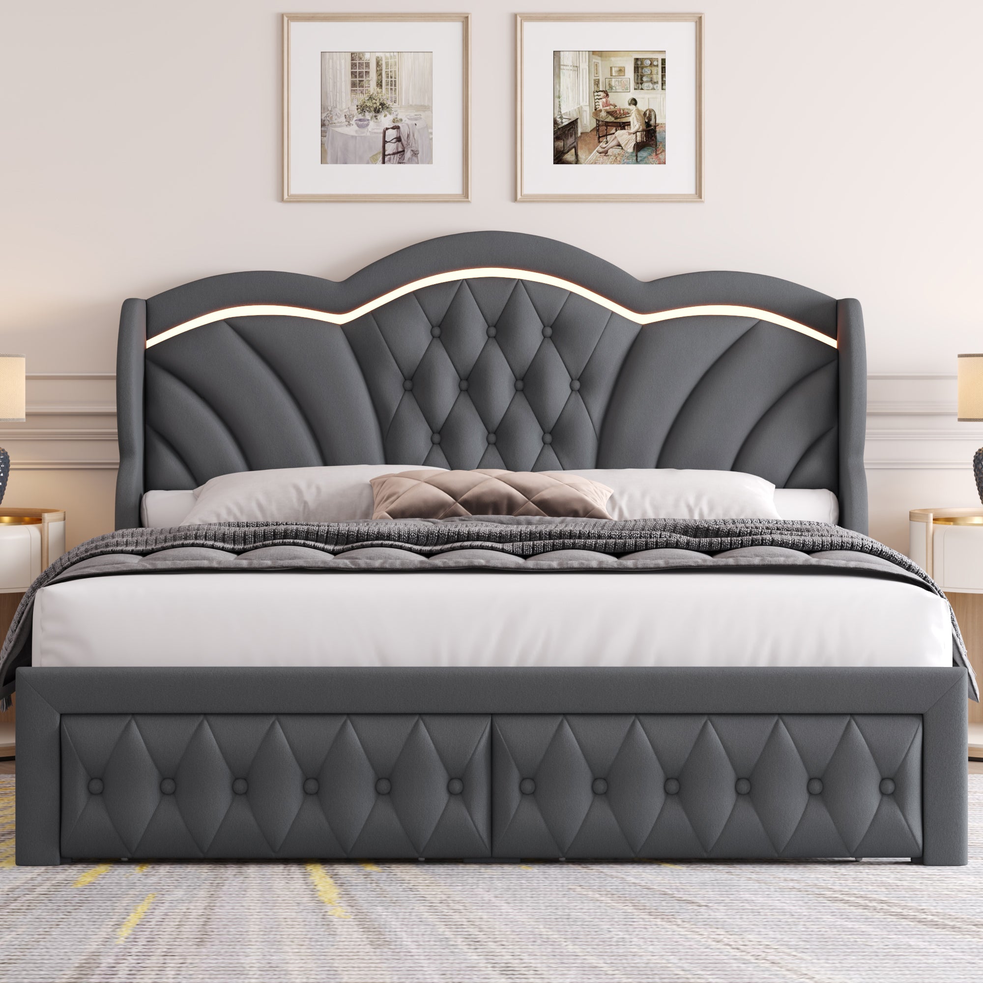 Hiphuta Queen LED Bed with 2 Drawers, LED Lights Platform Bed Frame with Upholstered Button Tufted Headboard, No Box Spring Needed, Velvet Gray