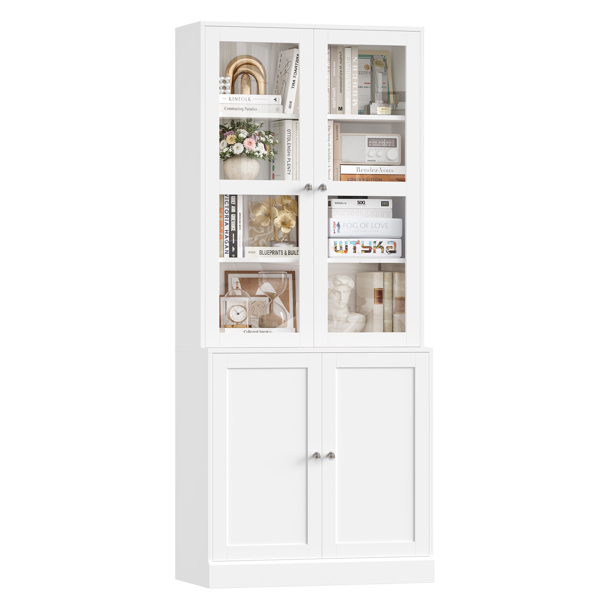 Hiphuta 73 in Tall 6-Tier Bookcase with Glass Doors, 32" Wide Bookcase with Adjustable Shelf, Modern Minimalist Bookshelf for Home Office, Living Room, White