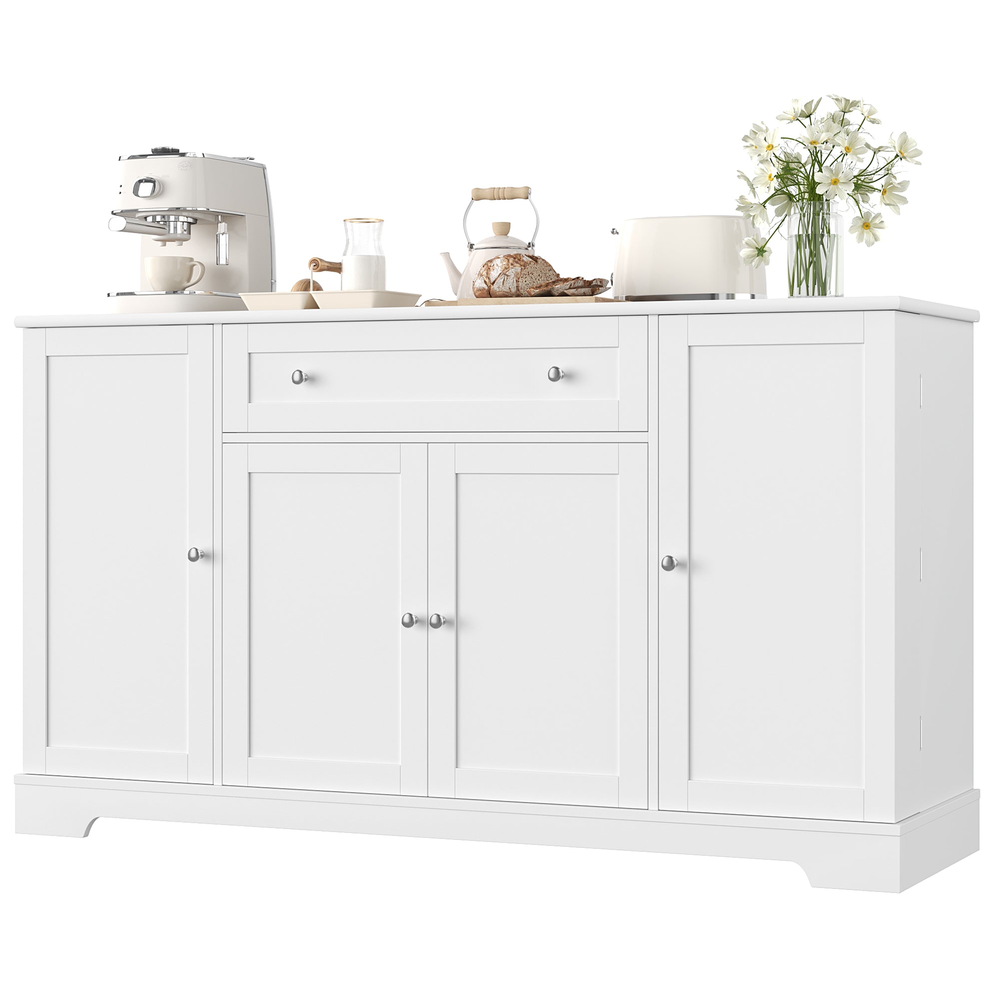 Hiphuta 54'' Wide Modern Sideboard Buffet with Drawers, Large Pantry Storage Cabinet with Internal Hidden Shelves, White