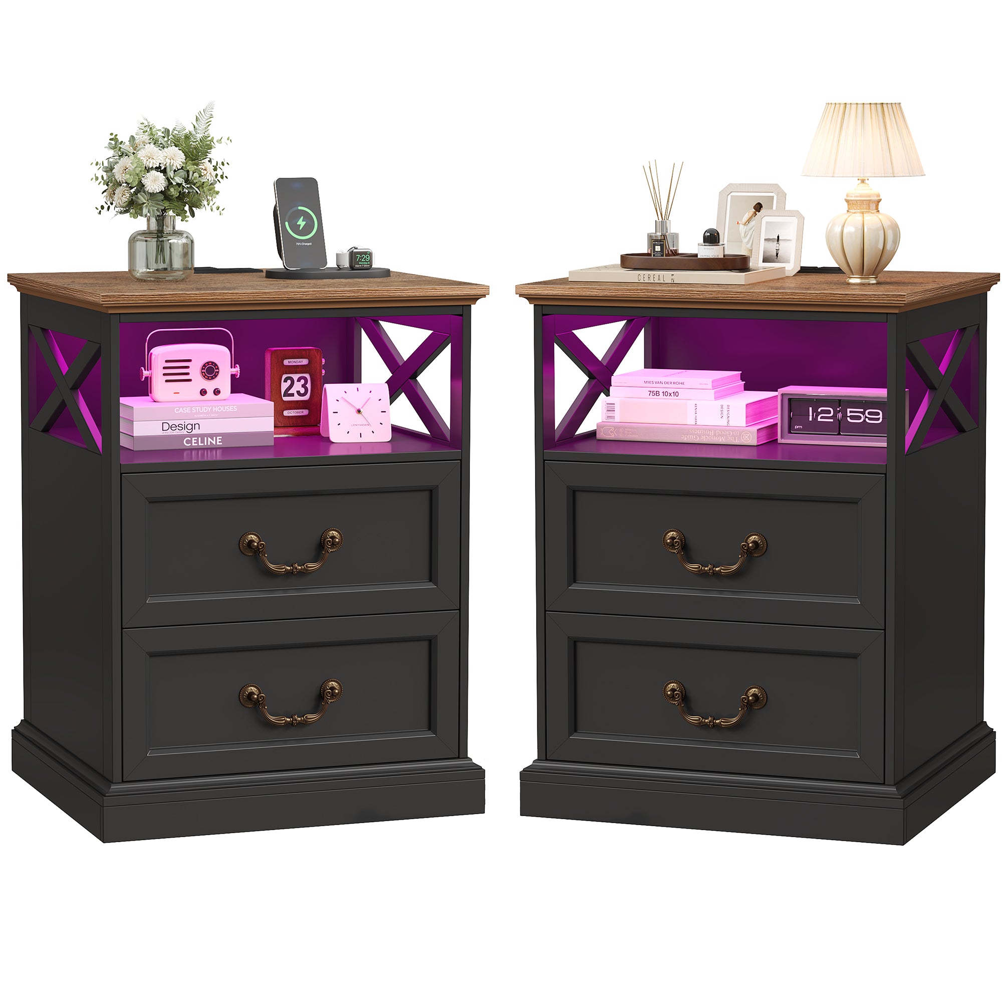 Hiphuta Farmhouse Set of 2 Nightstands with Charge Station, Wood End Table with 3 Drawers for Adult Bedroom, LEDS Bedside Table for Living Room, Black