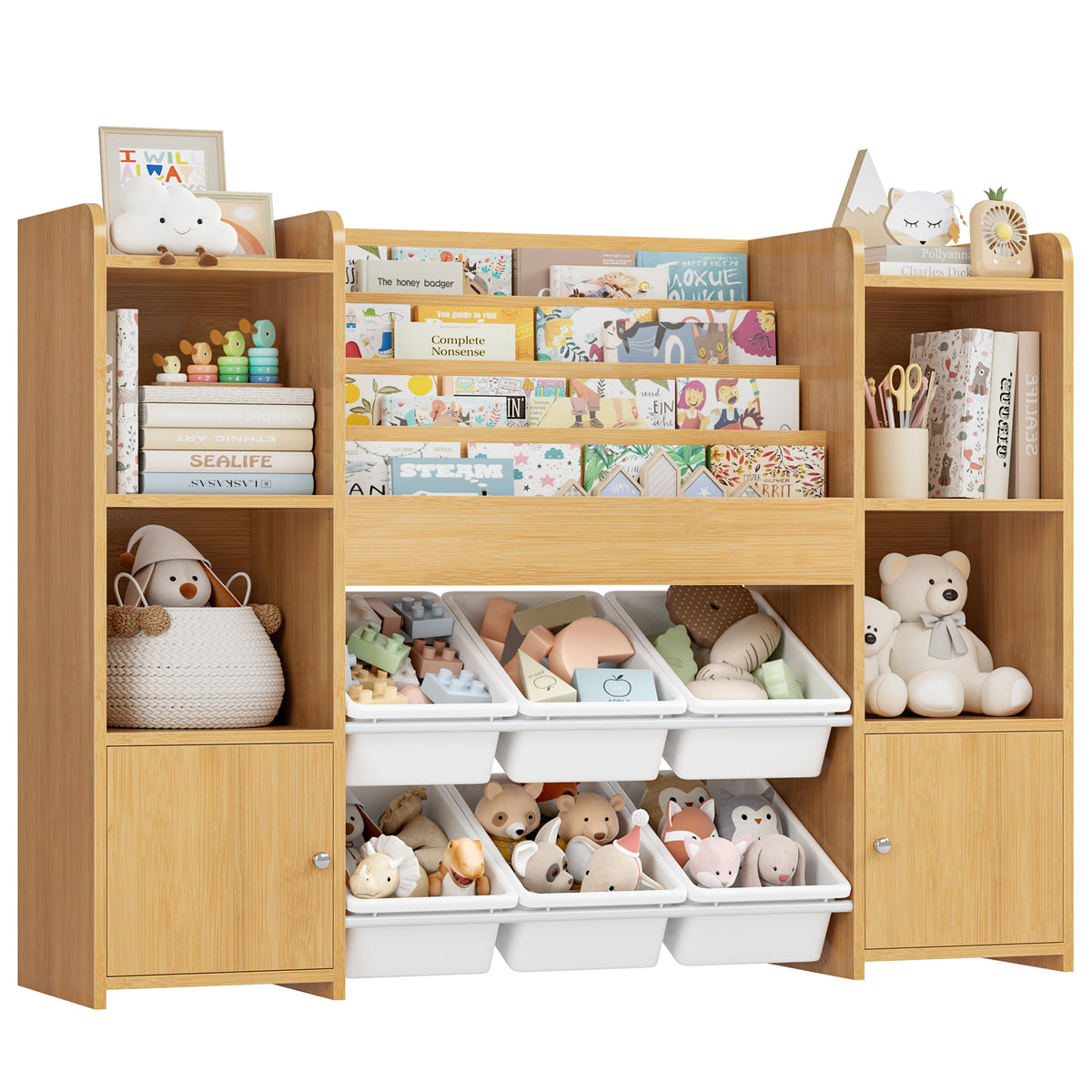 Hiphuta Kids Bookshelf with Toy Storage Organizer, Wood Bookcase Toy Organizer with 6 Removable Bins, Book Shelf for Kids Bedroom Playroom, Natural